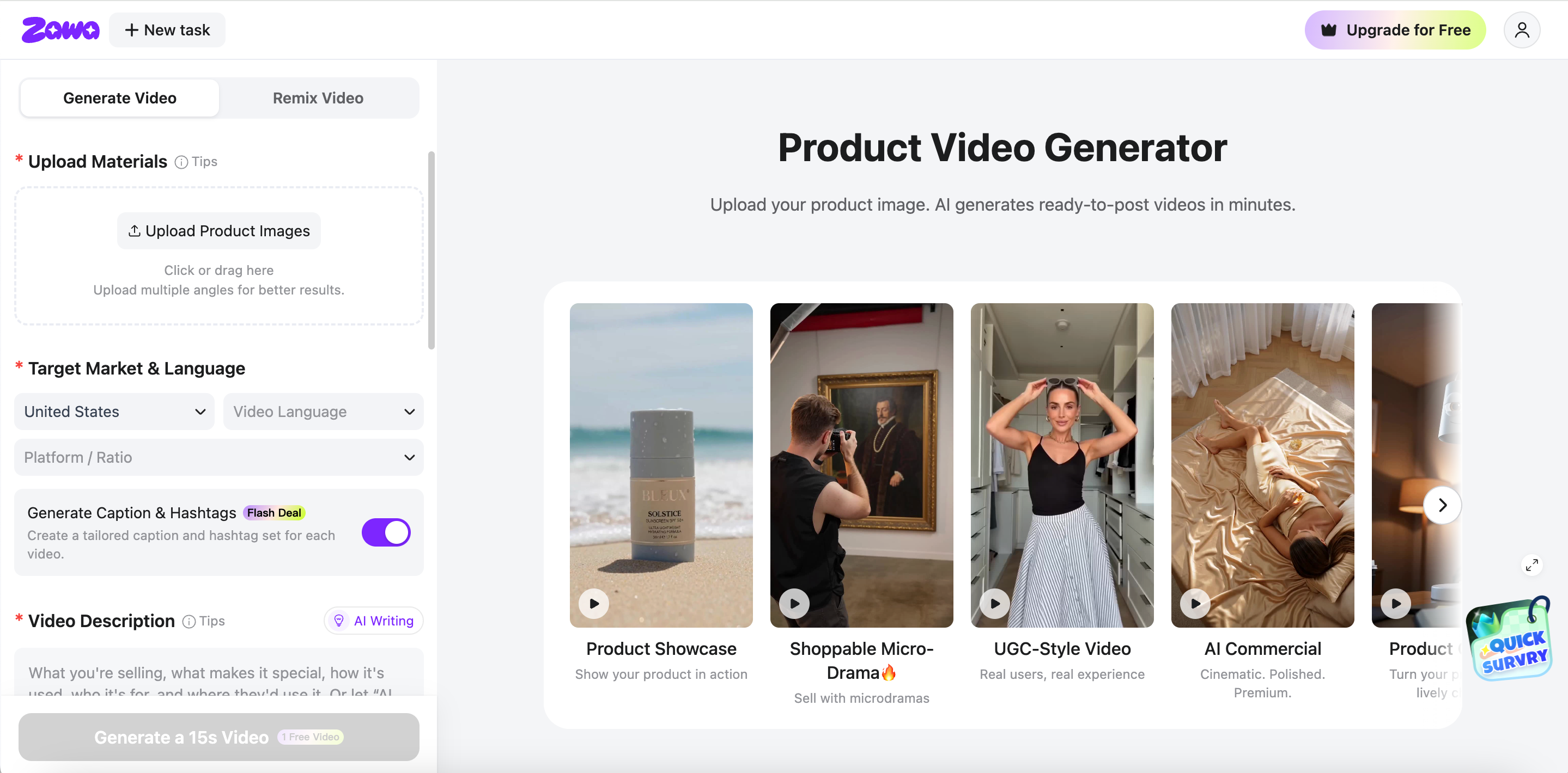 Zawa AI product video generator web interface with multiple video style templates