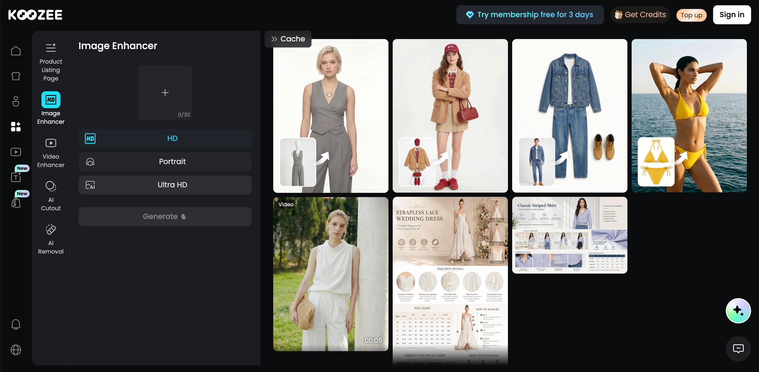 Koozee AI e‑commerce tool interface with AI virtual try‑on samples