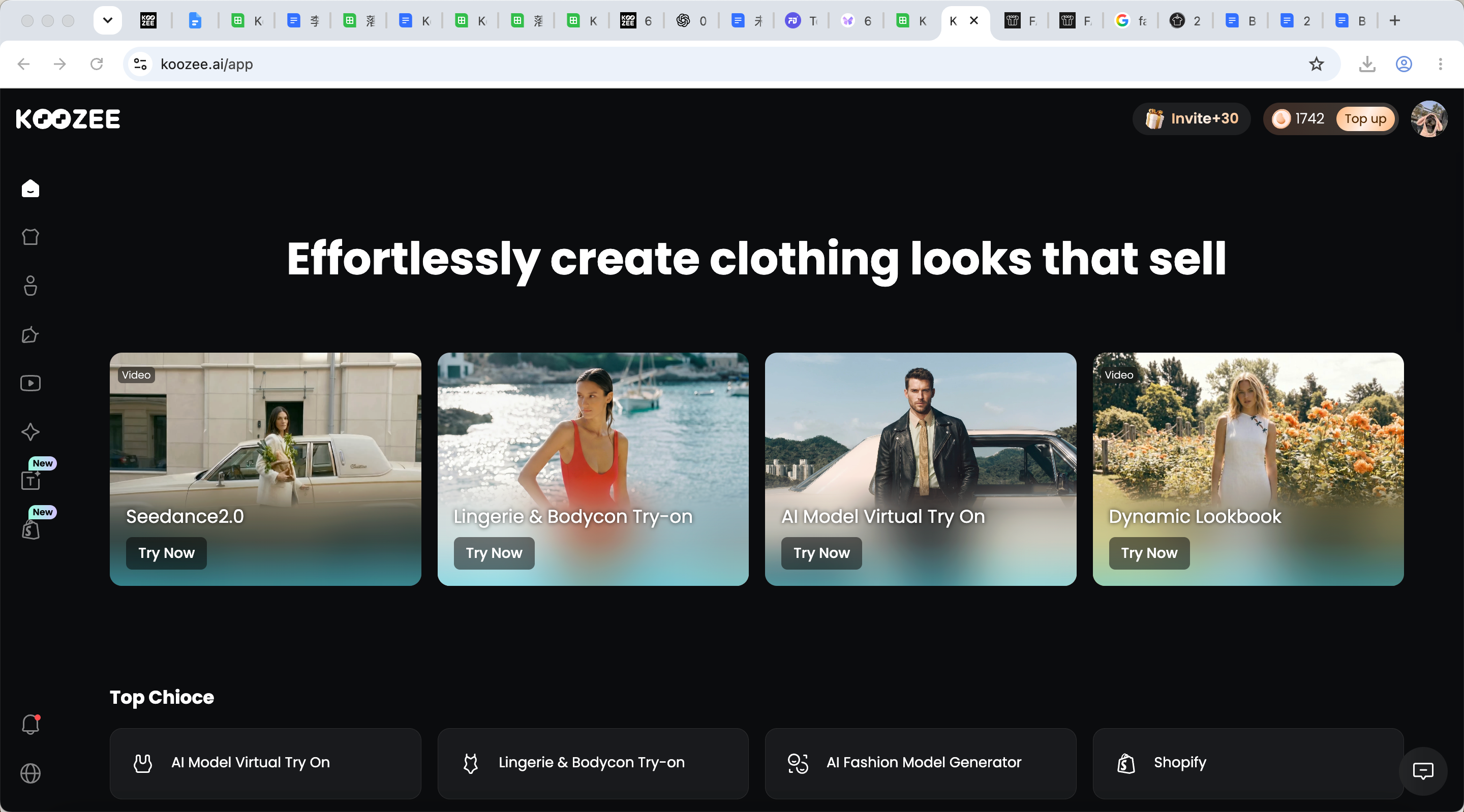 KOOZEE AI fashion platform featuring virtual try-on and clothing look creation.
