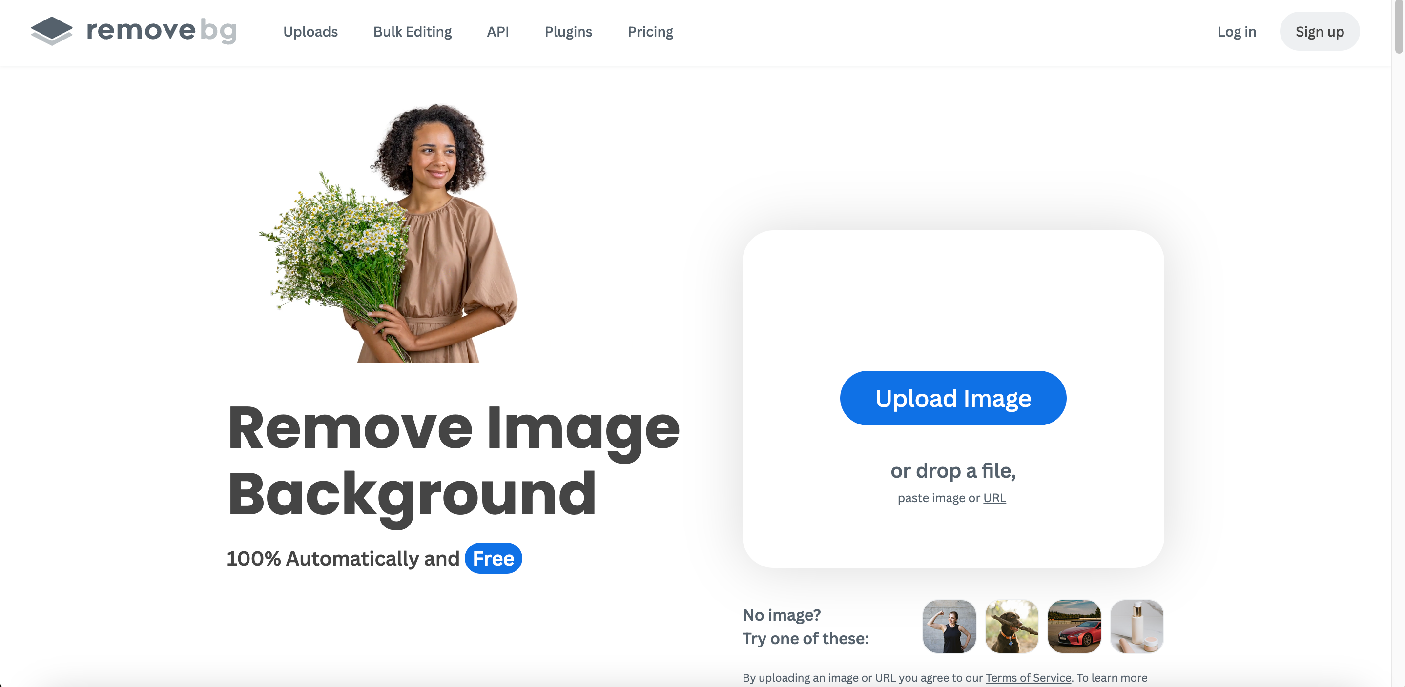 remove.bg official homepage, free automatic one-click image background remover tool with bulk editing and API support