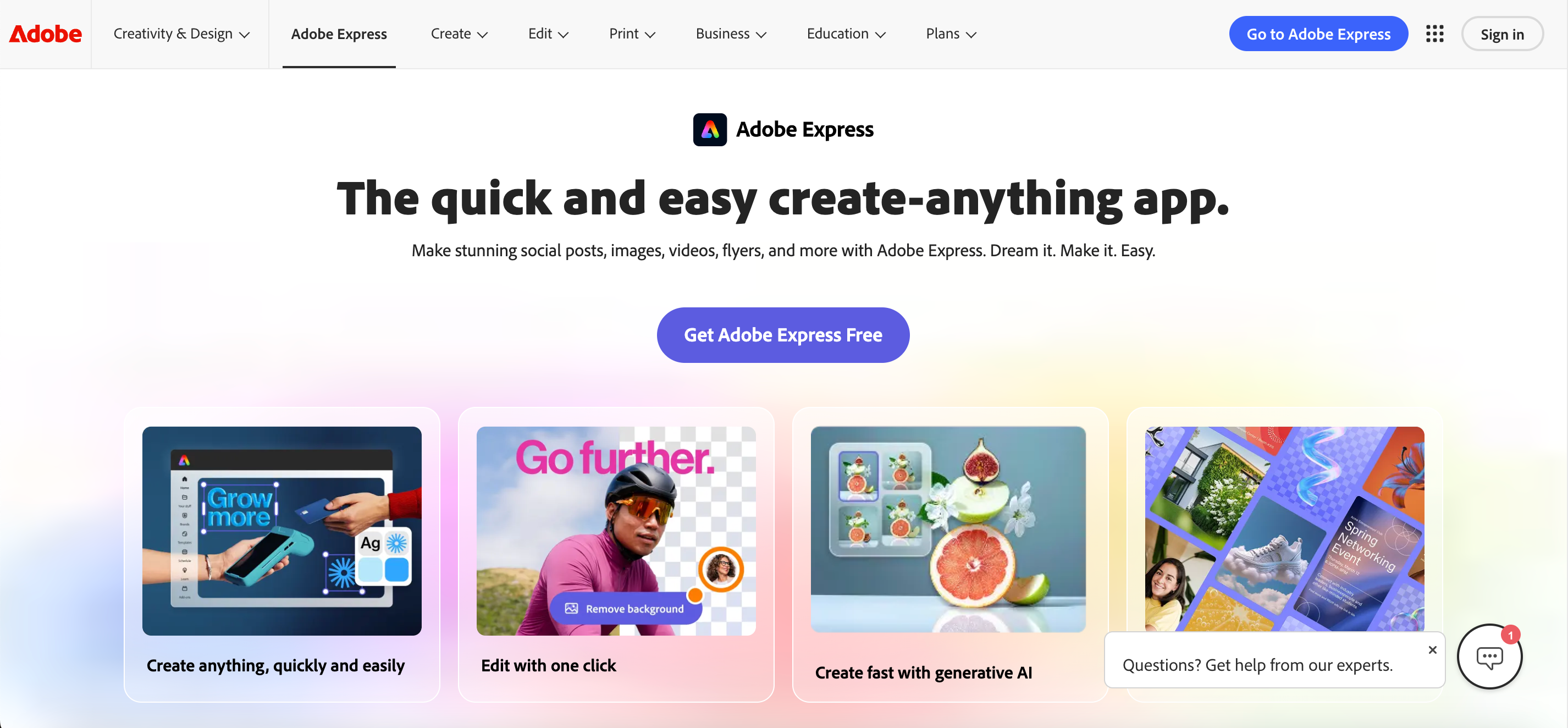 Adobe Express official website landing page for AI graphic design tool