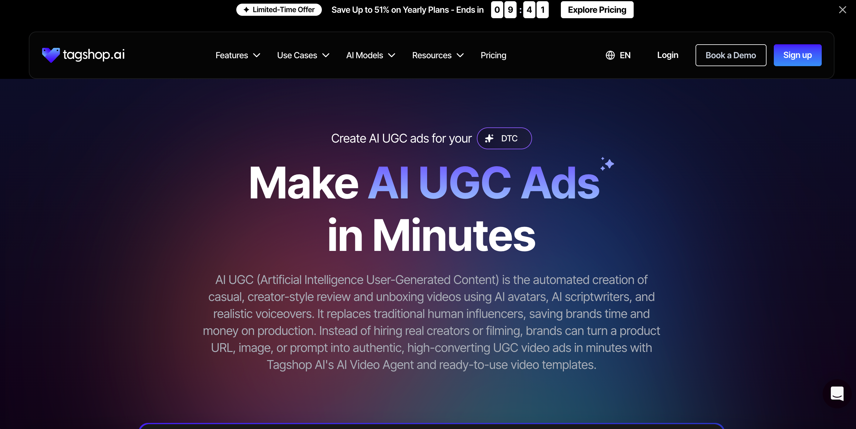 1. Tagshop.ai landing page, Make AI UGC Ads in Minutes, dark purple gradient SaaS web page