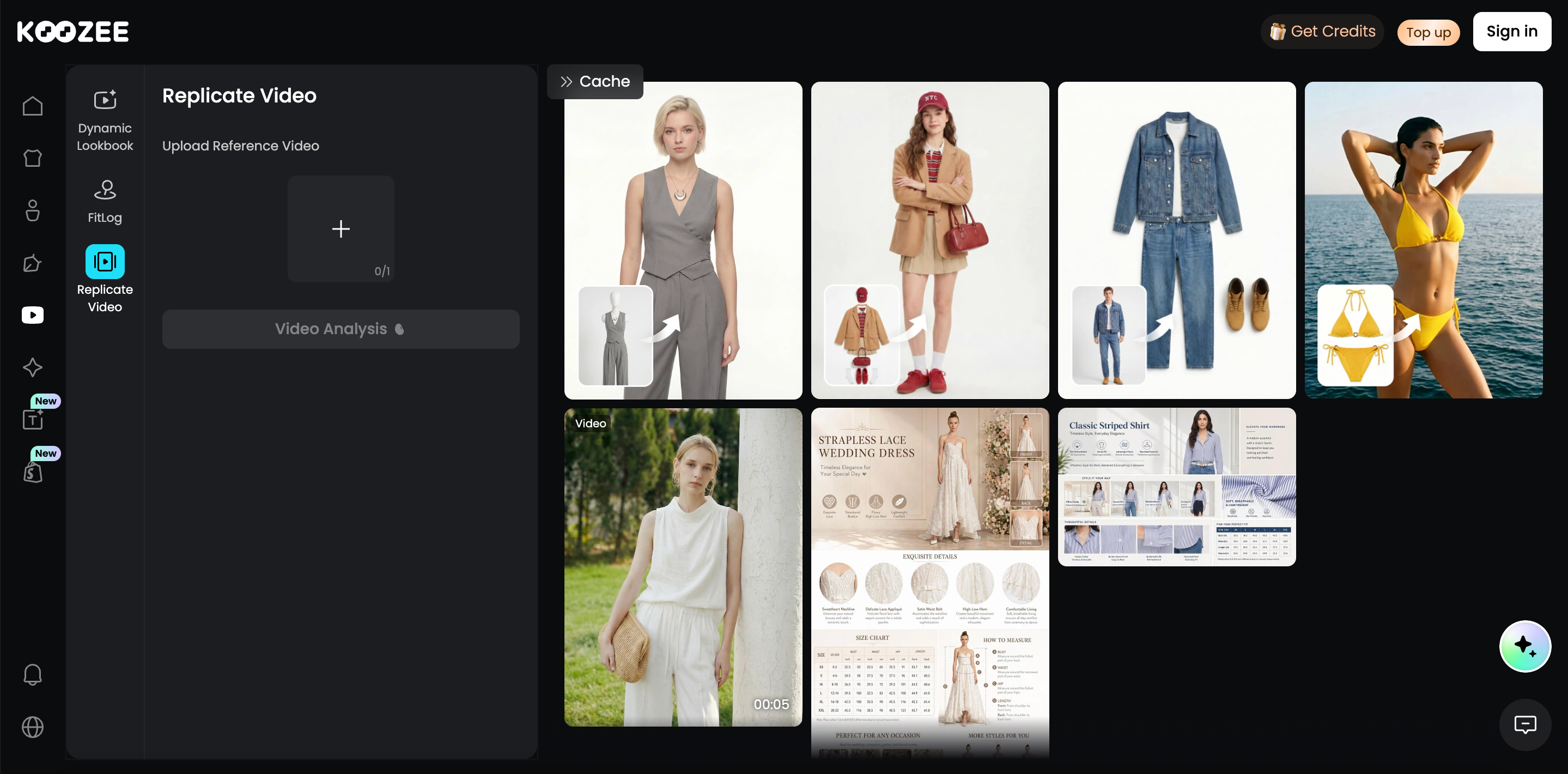 Koozee AI dark‑mode UI, Replicate Video feature, fashion e‑commerce AI video generation interface