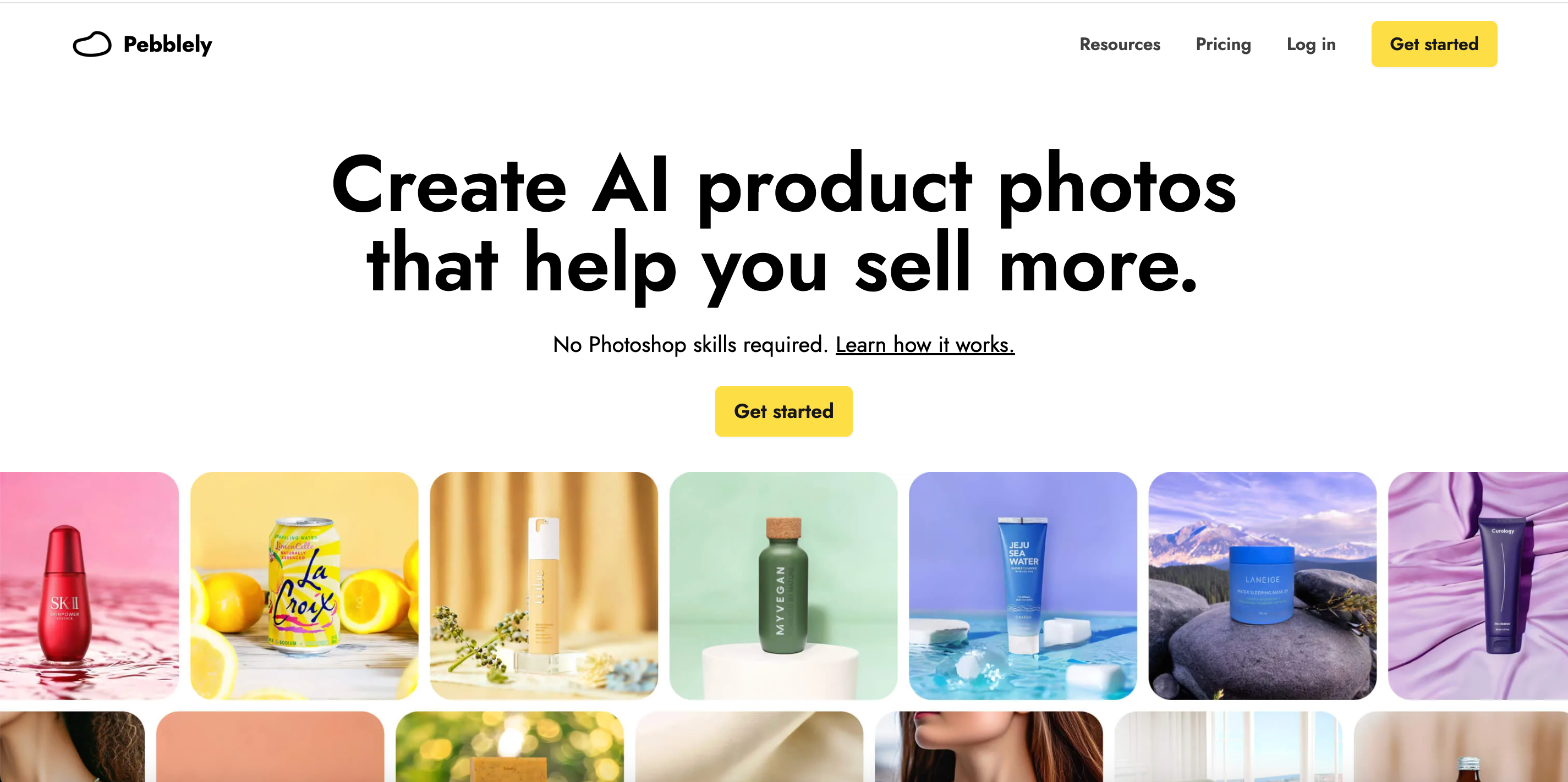 Pebblely homepage, AI e-commerce product photo generation tool for sellers to create high-converting commercial product images