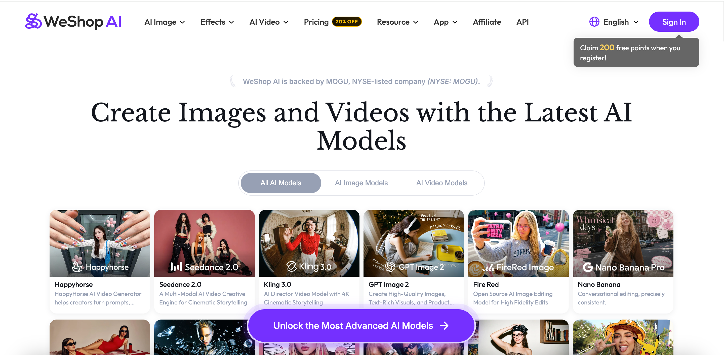 WeShop AI homepage showcasing AI image and video generation models.