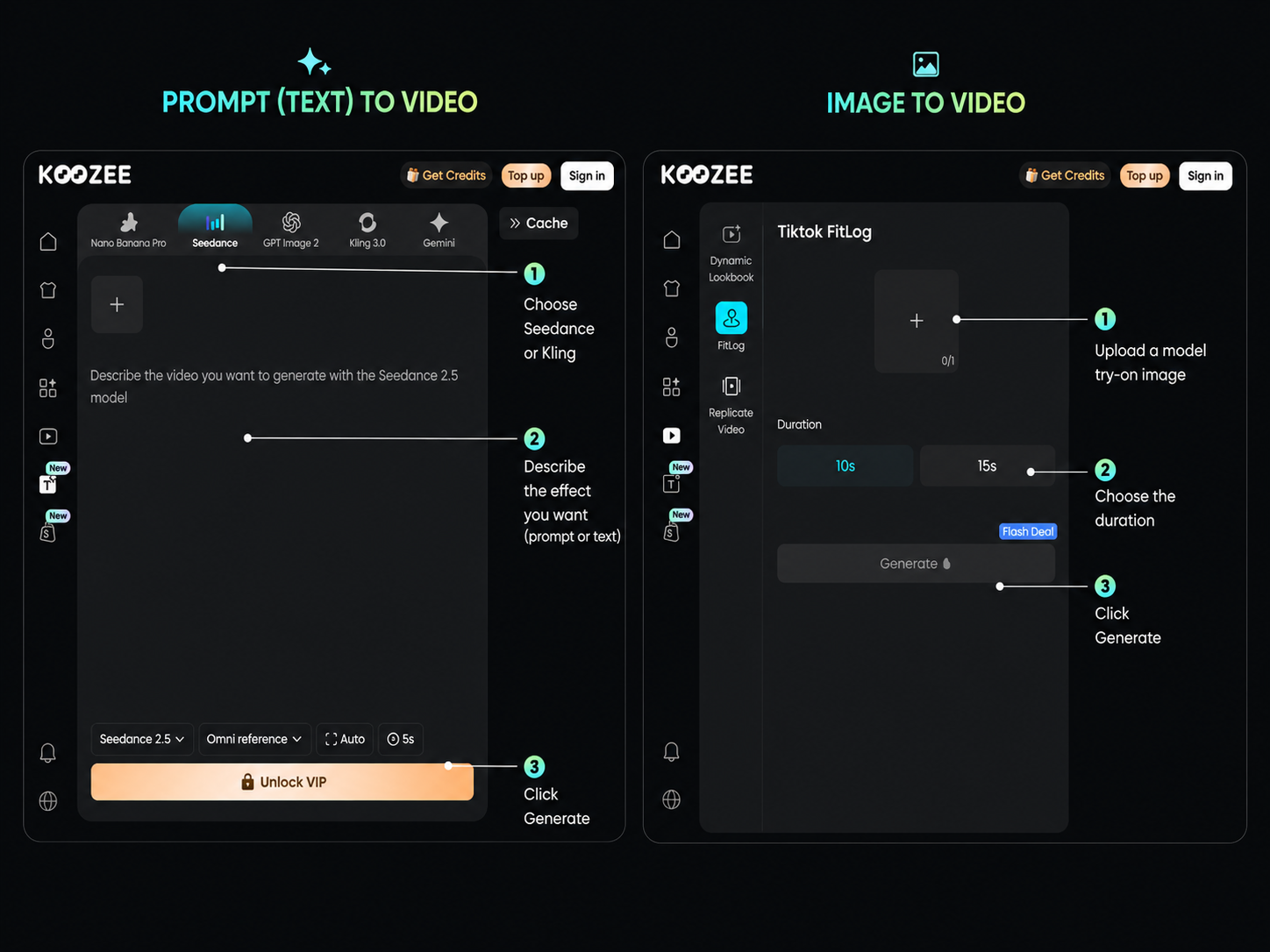 Koozee AI UI, text‑to‑video and image‑to‑video workflow for fashion e‑commerce