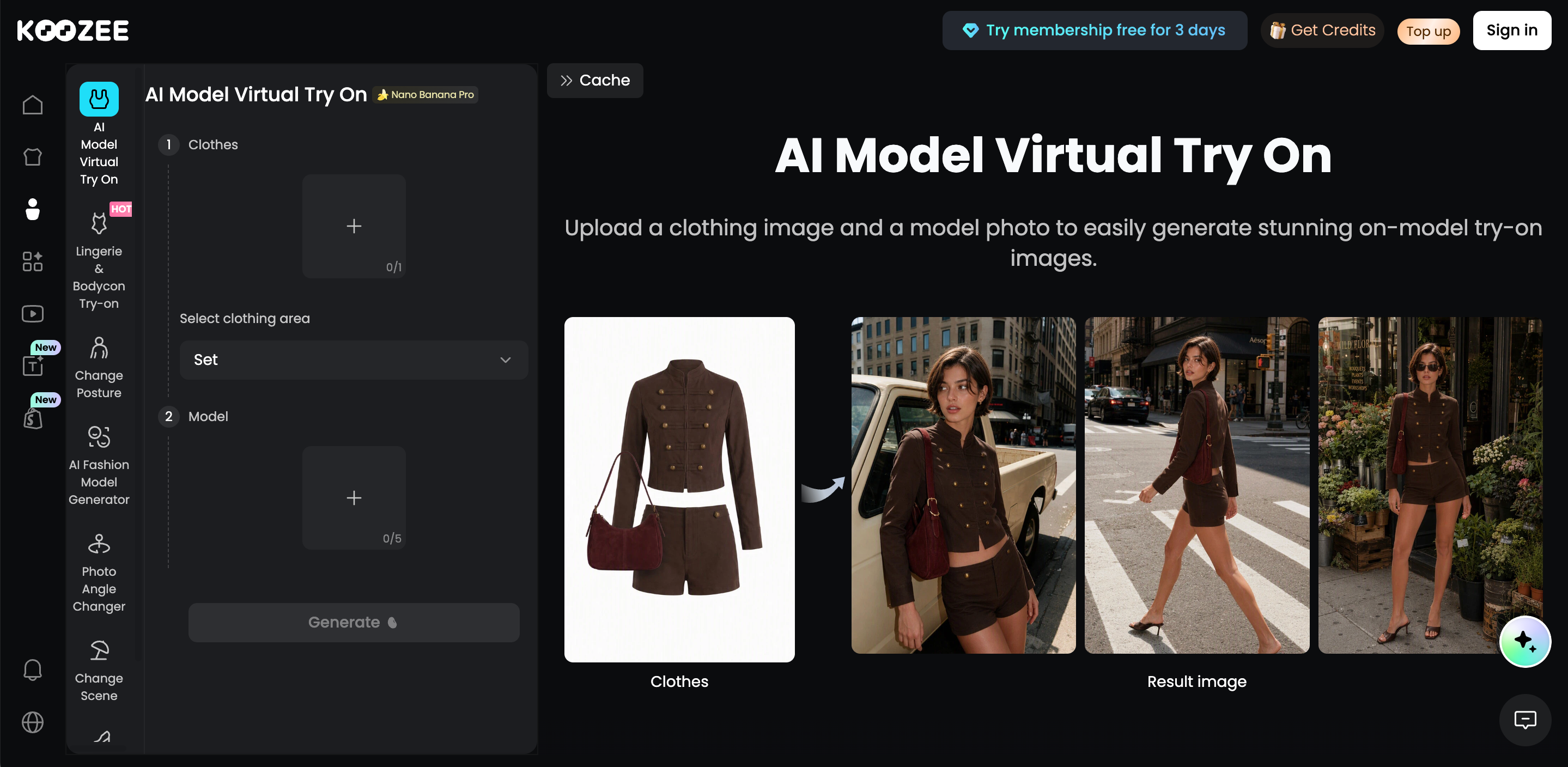 Koozee AI virtual try‑on tool interface showing clothing to model generation results