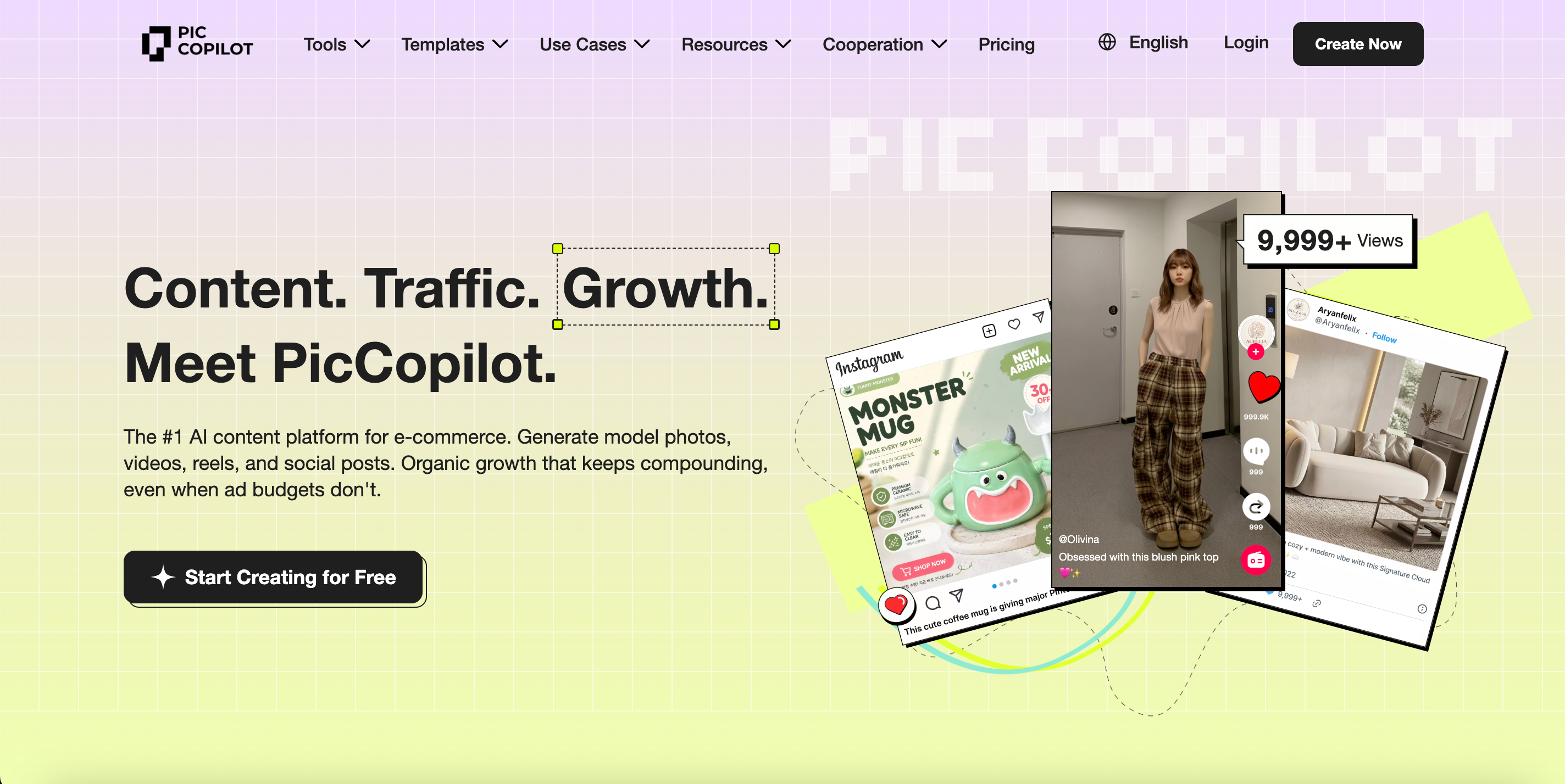 PicCopilot AI e‑commerce content platform landing page, generate model photos, reels and social marketing posts