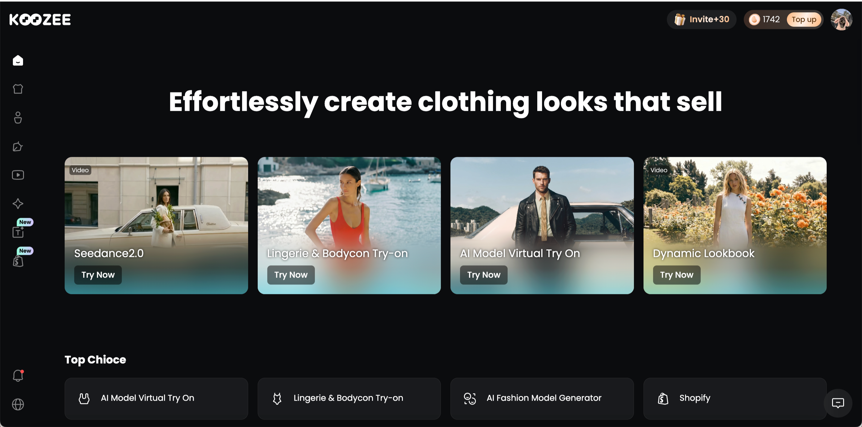KOOZEE AI fashion platform featuring virtual try-on and clothing look creation.