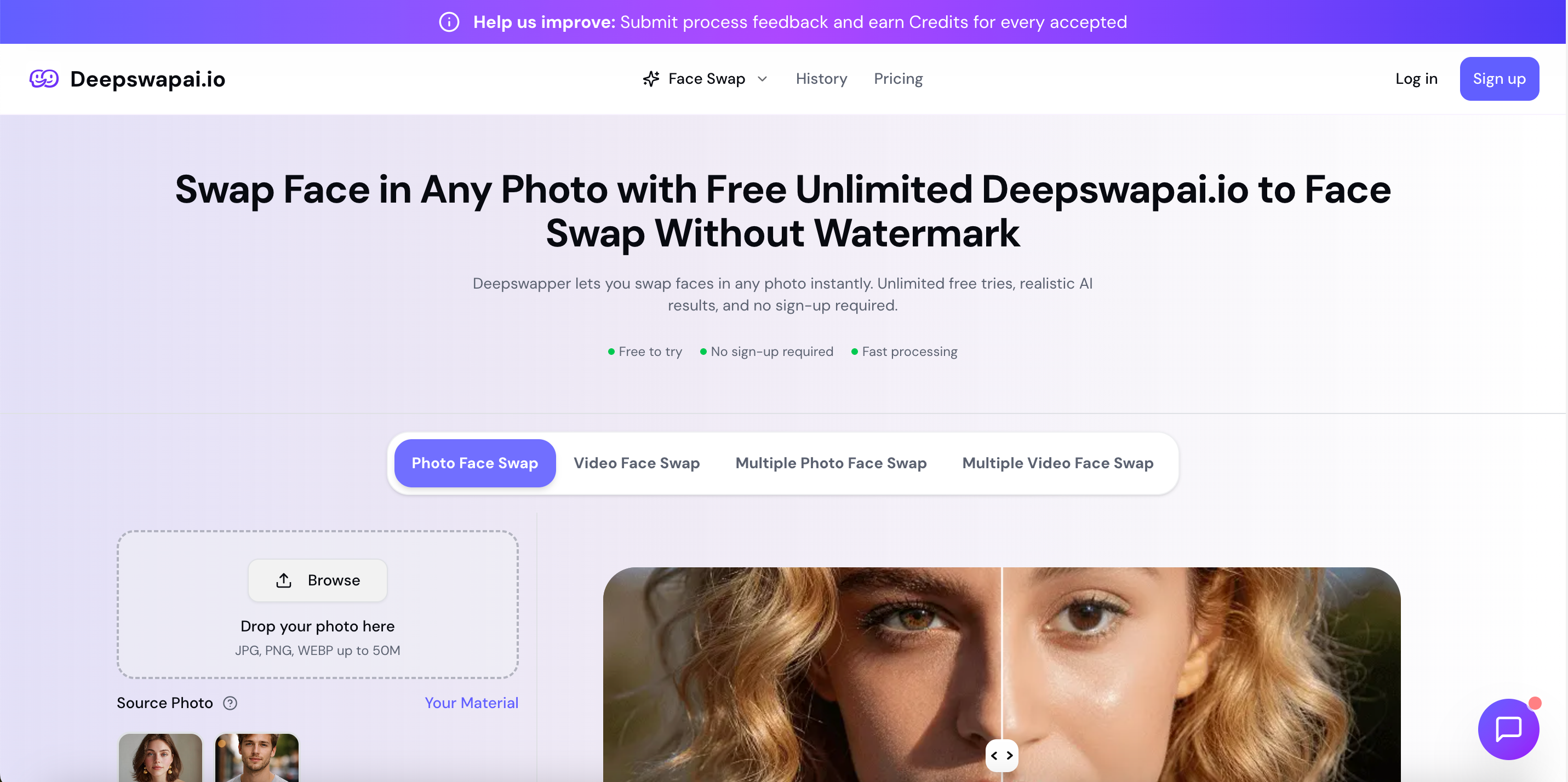 Deepswapai.io face‑swap web UI, photo face swap function page