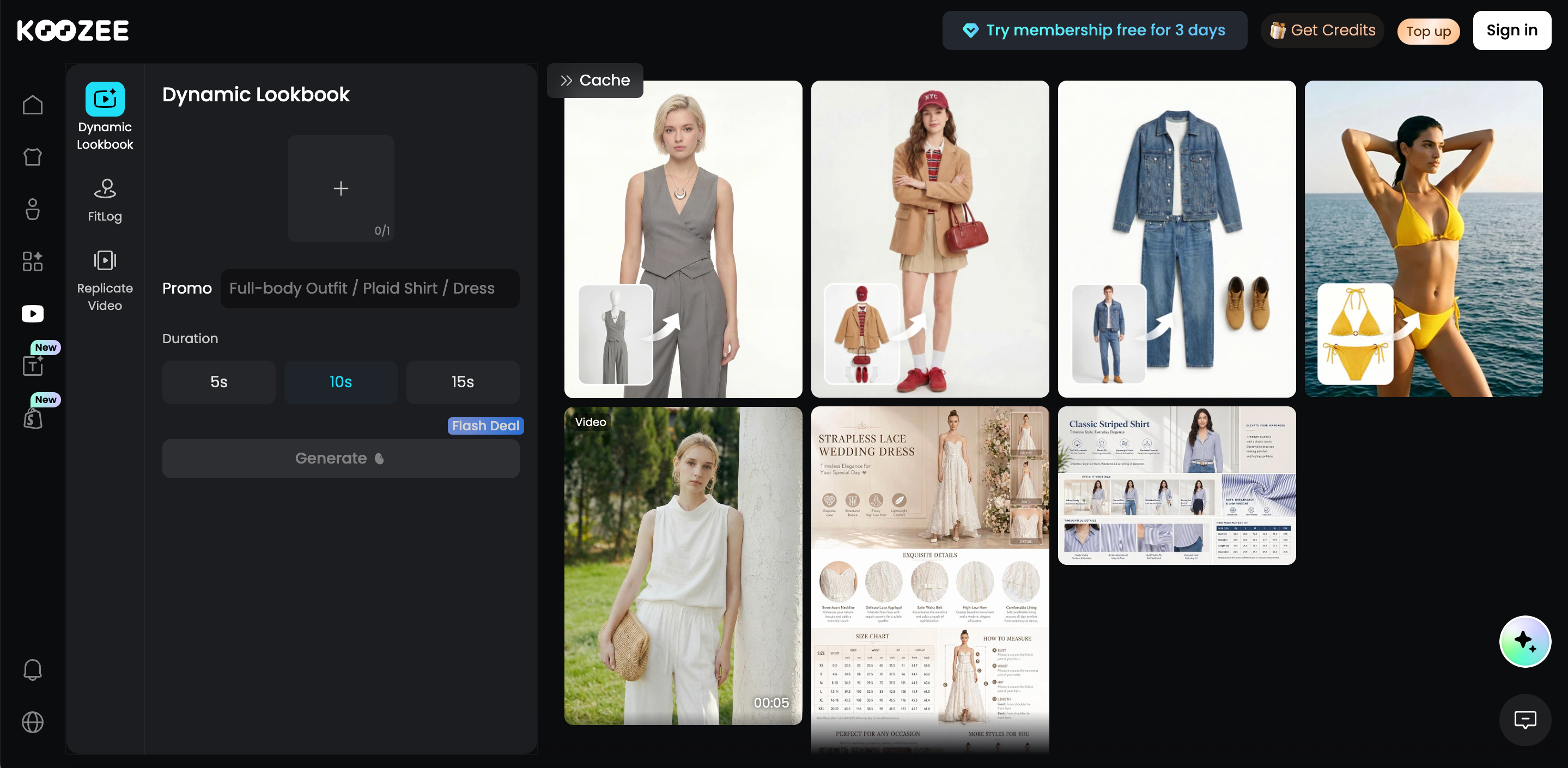 Koozee AI Dynamic lookbook tool interface with fashion video generation samples