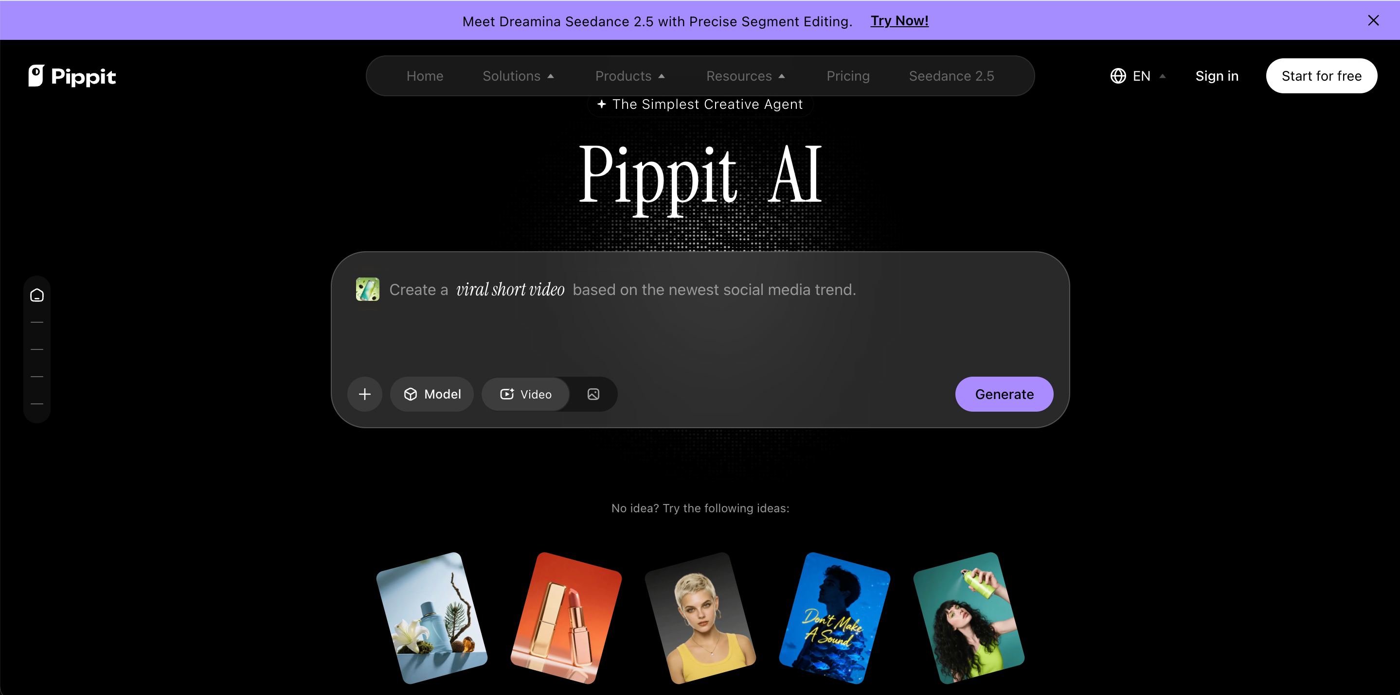 Pippit AI homepage, AI‑powered social media short video generation platform with prompt input interface