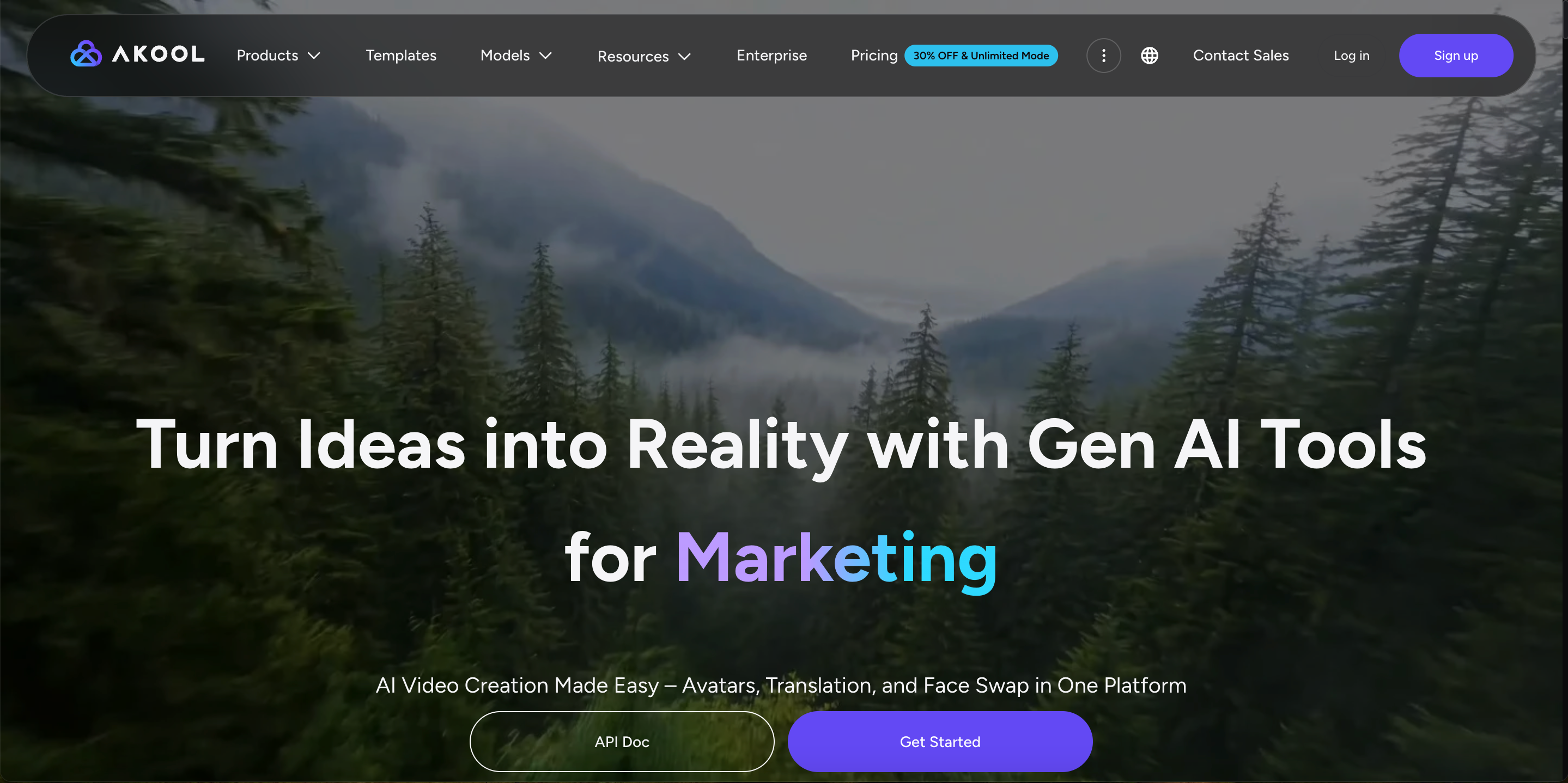 Akool GenAI marketing tool homepage for AI avatar and video creation