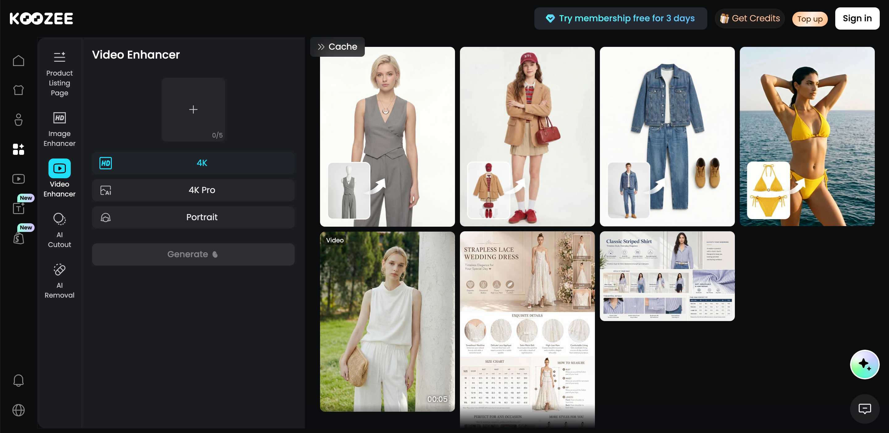 Koozee AI Video Enhancer tool interface with fashion media previews