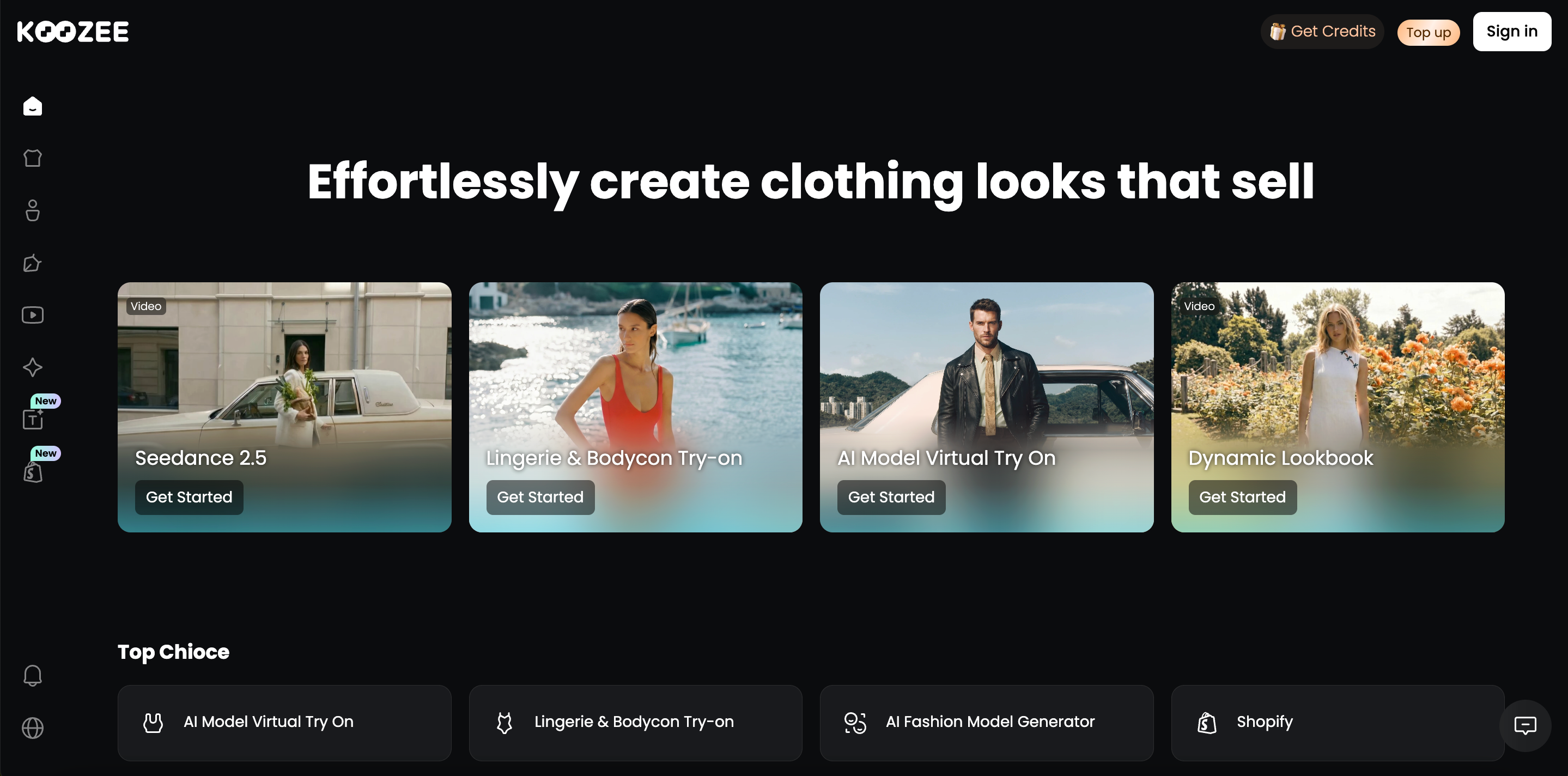 Koozee web app UI for Replicate Video feature, dark‑mode dashboard with clothing AI‑generation preview cards