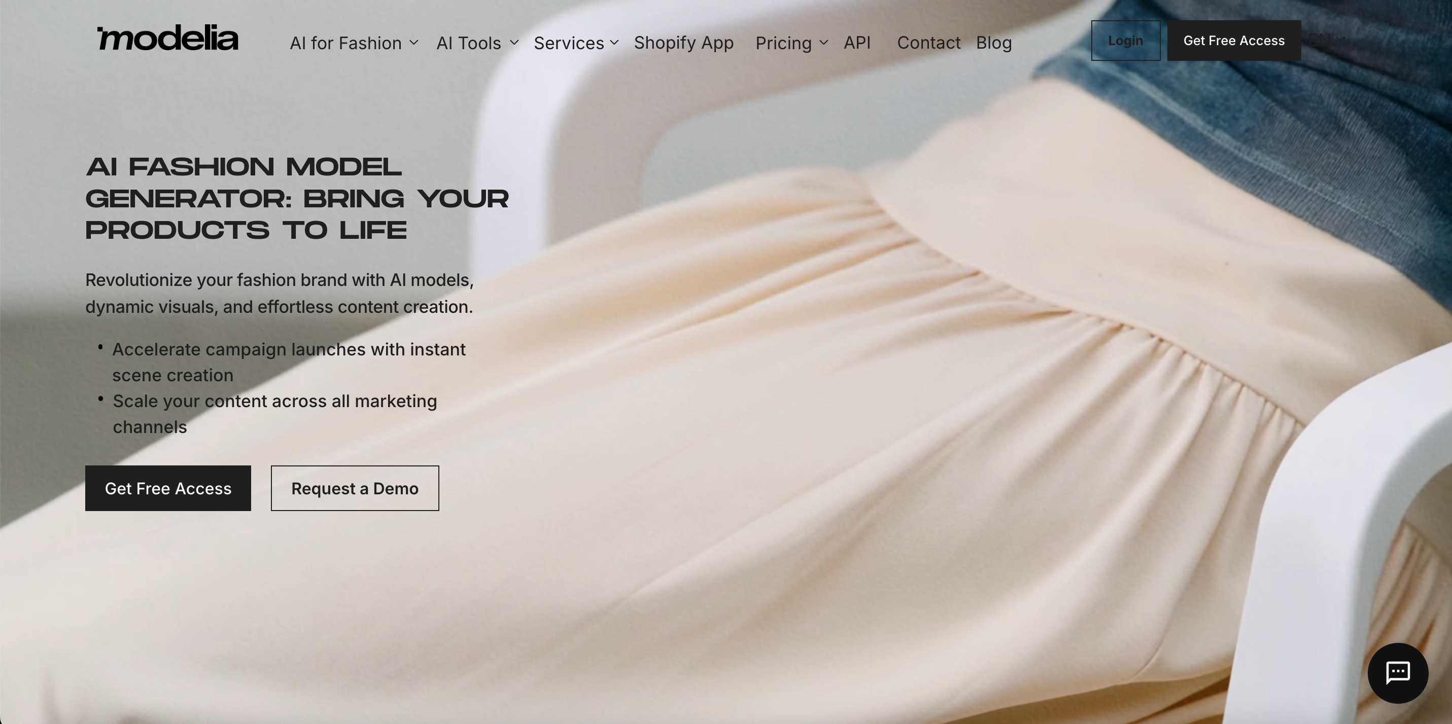Modelia AI fashion model generator homepage, virtual model tool for apparel brand visual content creation