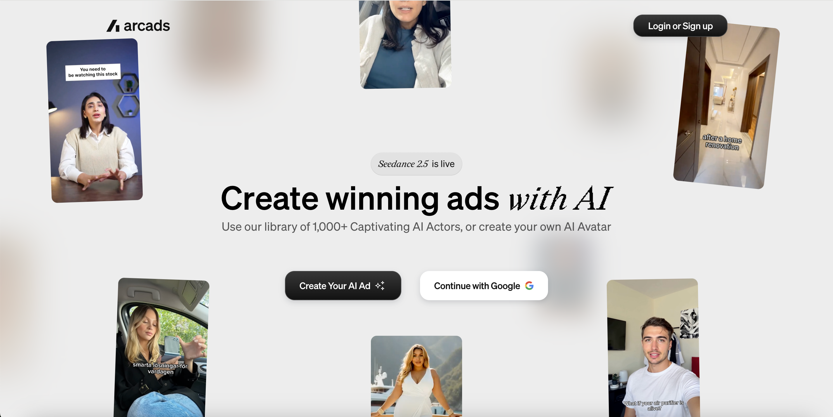 Arcads landing page, Create winning ads with AI, AI actor avatar samples scattered on light background