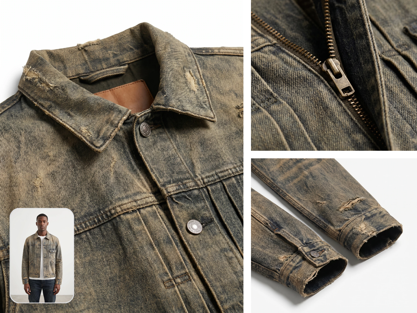 FASHN vs Koozee denim jacket close-up detail shots with on-model preview