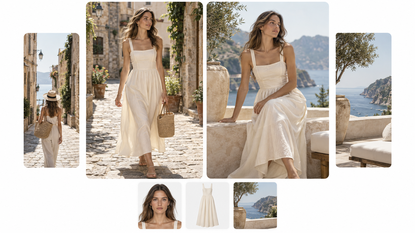 Model, white dress and coastal assets transformed into a multi-scene resort fashion shoot