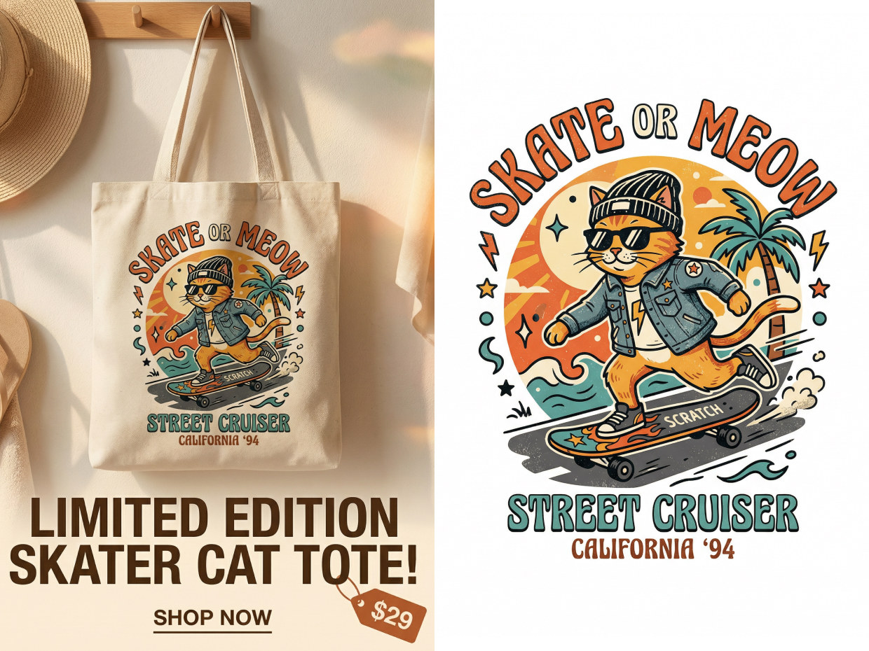 Photoroom vs Koozee tote bag print turned into a promotional listing creative