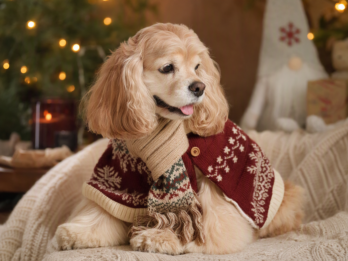 Seasonal social visual of a dog wearing a festive Christmas knit sweater