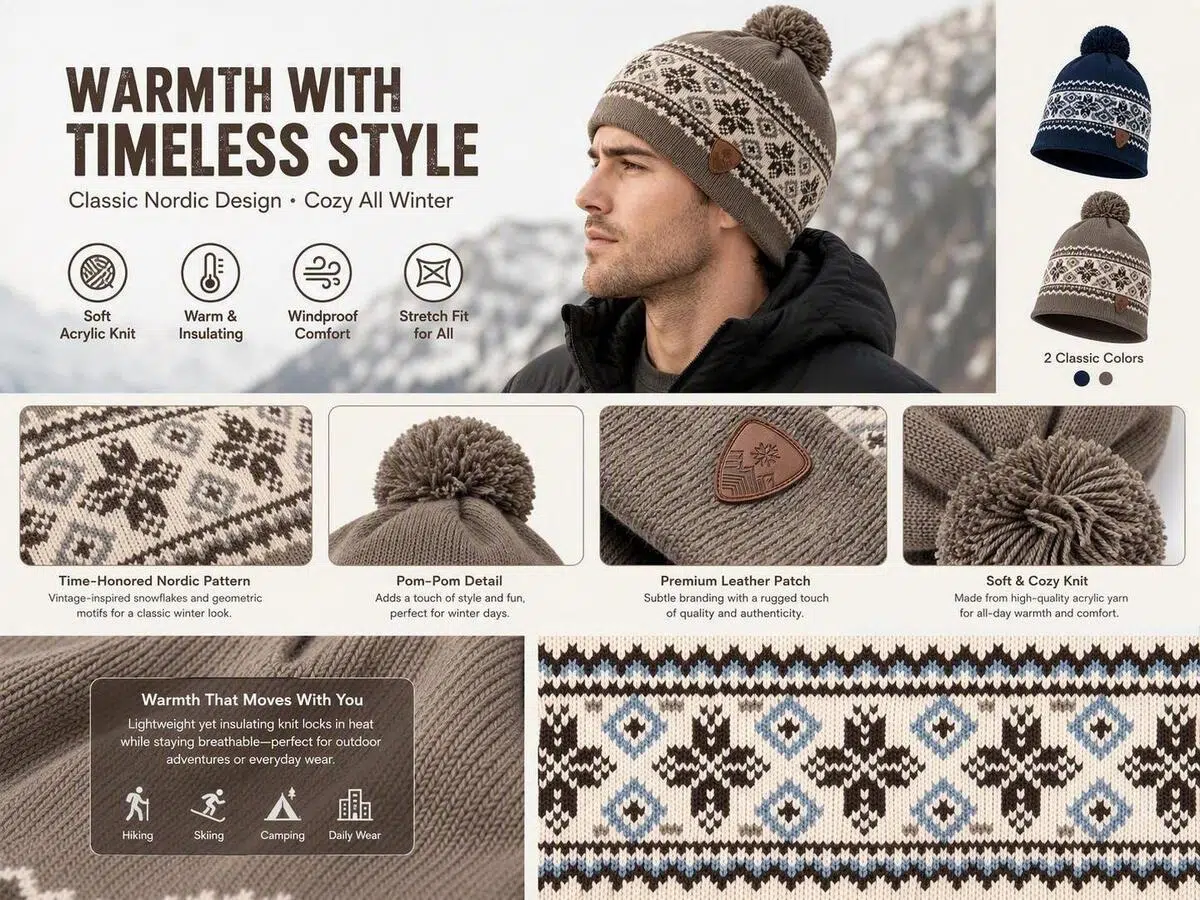 Gorro de punto con estampado nórdico en modelo, con dos opciones de color y detalles del material.