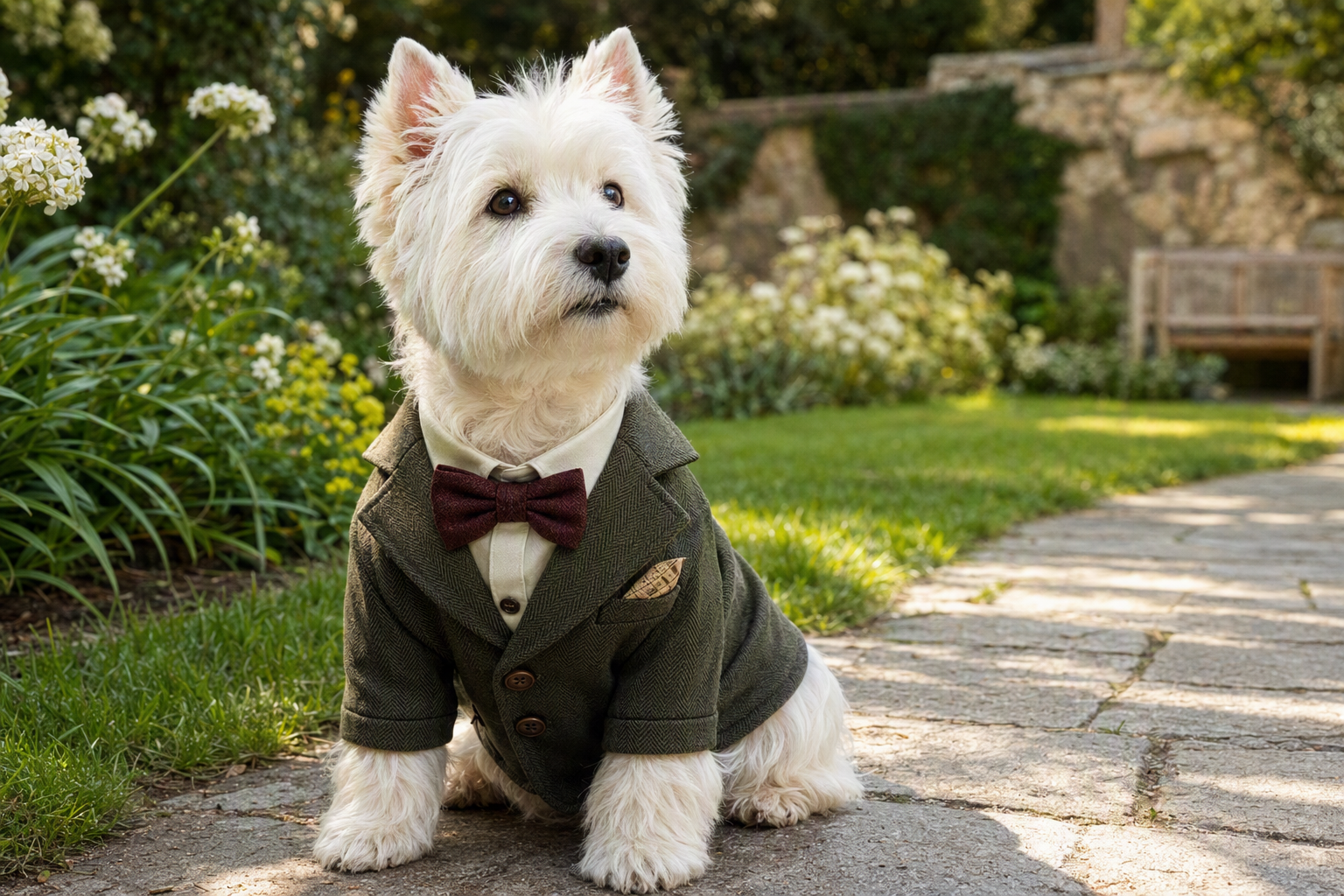 West highland white terrier in dark green suit in garden