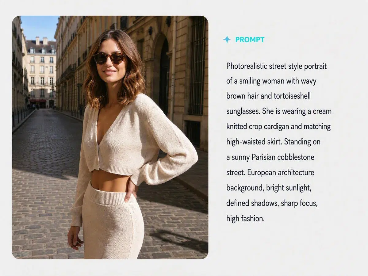 Image to prompt for a sunny street-style fashion photo of a female model