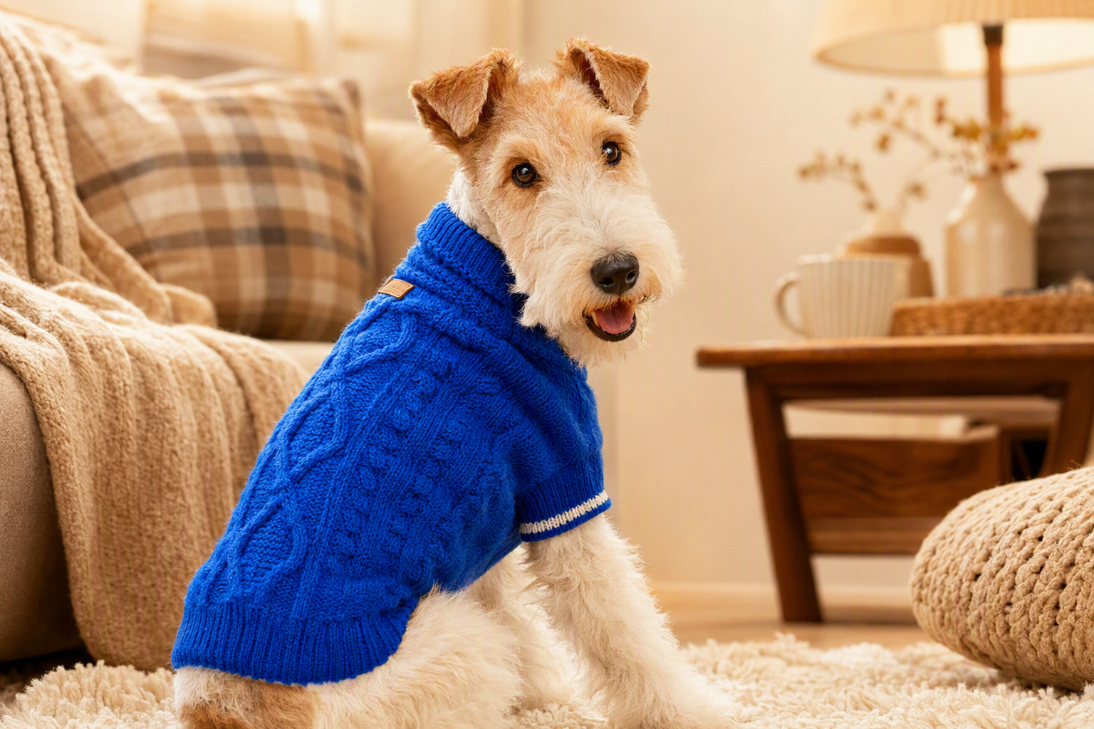 Comparison showing a real pet sweater product image transformed into an on-dog knitwear visual