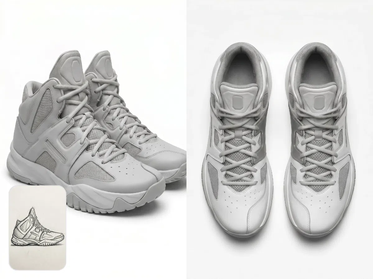 AI-generated multi-view realistic shoe images, including side and top views
