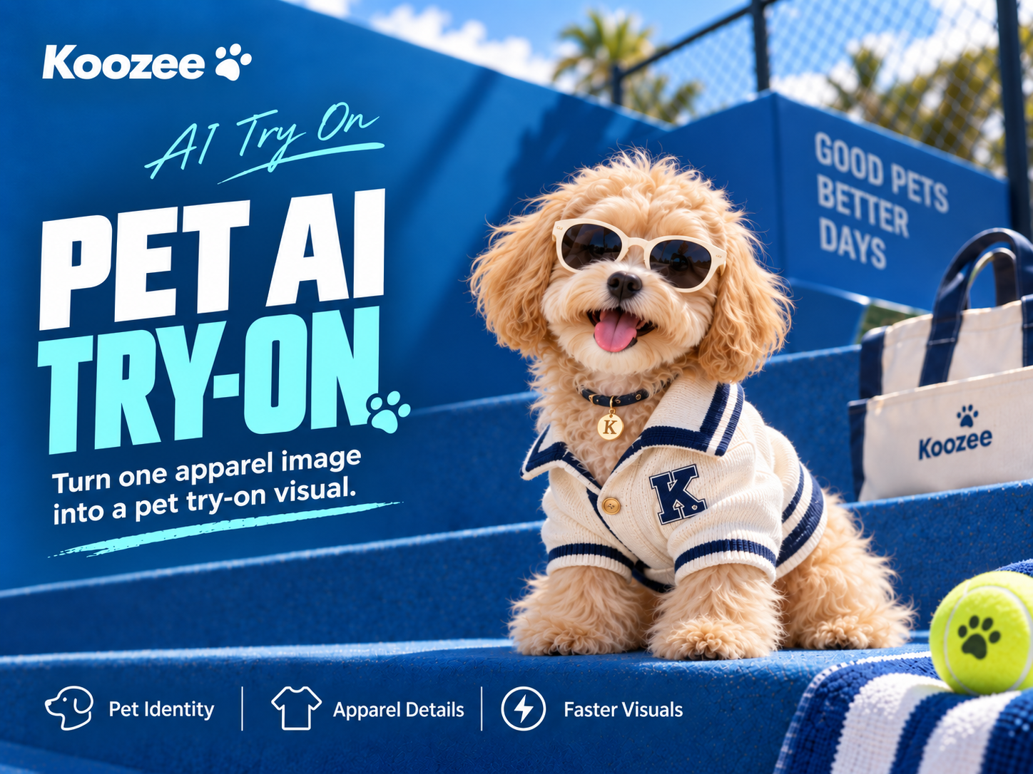 Pet AI clothes changer promo with a dog in a sport-style jacket.