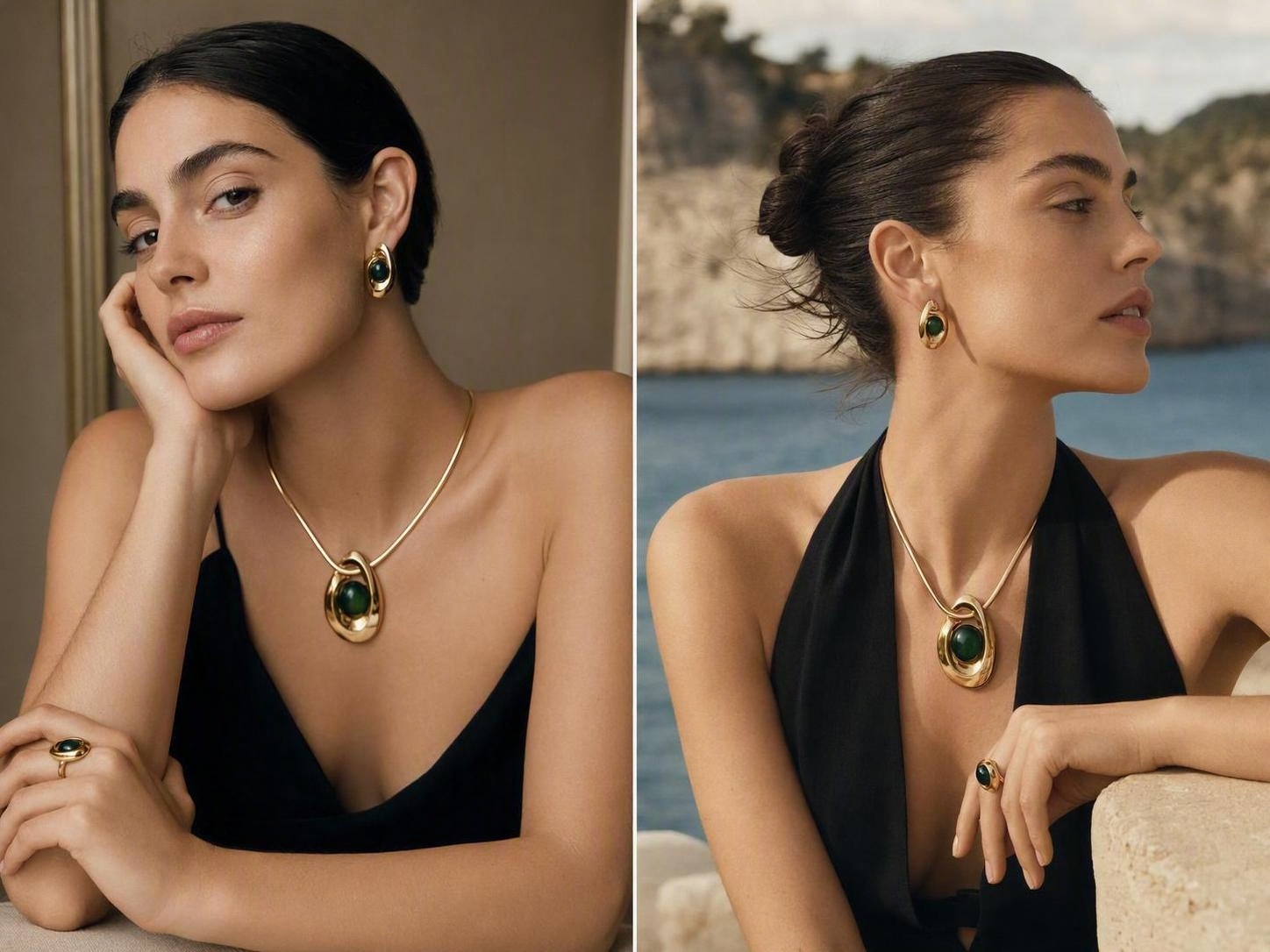 Foto de modelo de joyería en dos escenas: reemplazo de fondo de interior por el de la costa