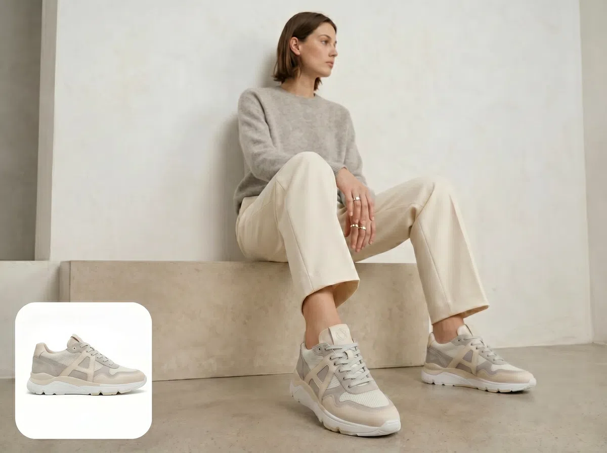 Upload shoe and model images to generate realistic virtual shoe try-on photos