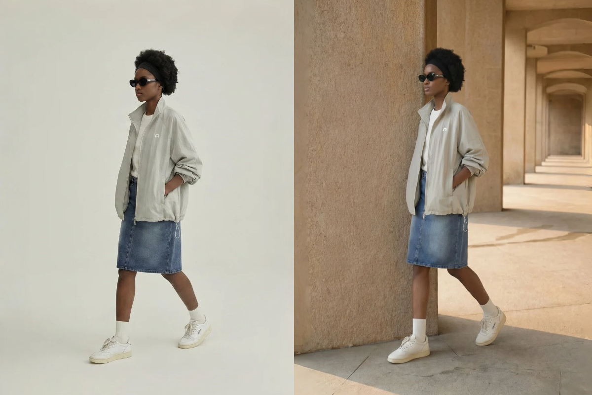 Two spliced ​​pictures of models wearing denim skirts and jackets, demonstrating the KOOZEE AI model replacement scene function