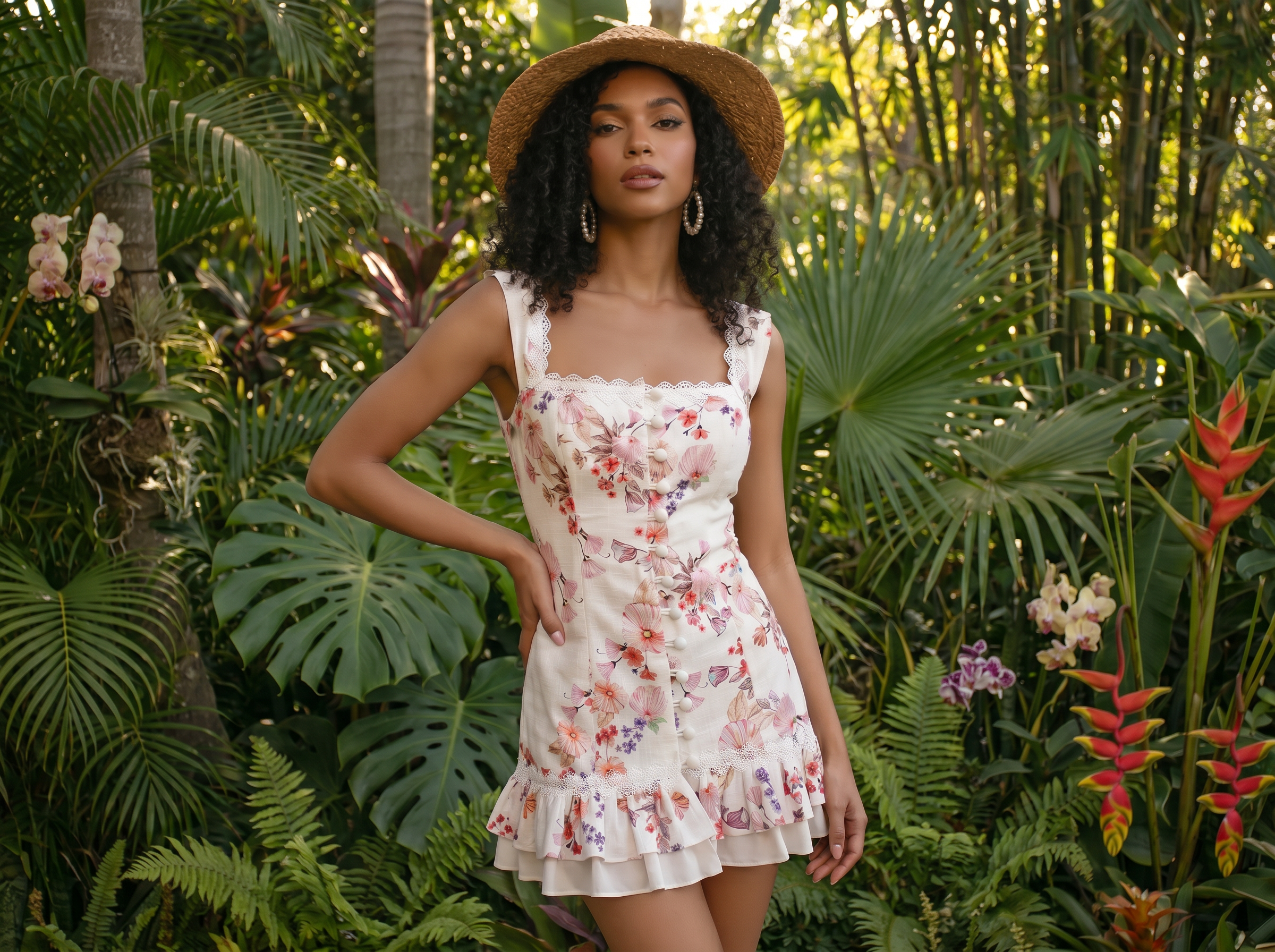 An AI-generated woman wearing a floral dress