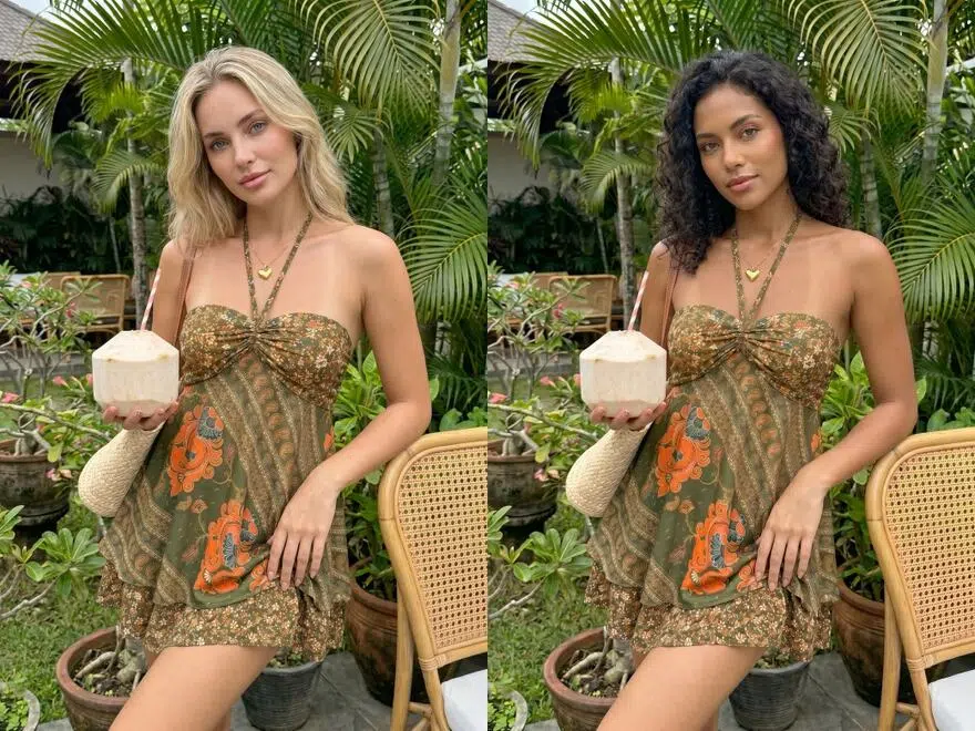 Fashion product photos with different model identities generated by KOOZEE AI face swap