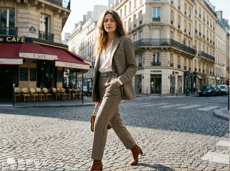 A woman in a checkered suit walks on a Paris street corner