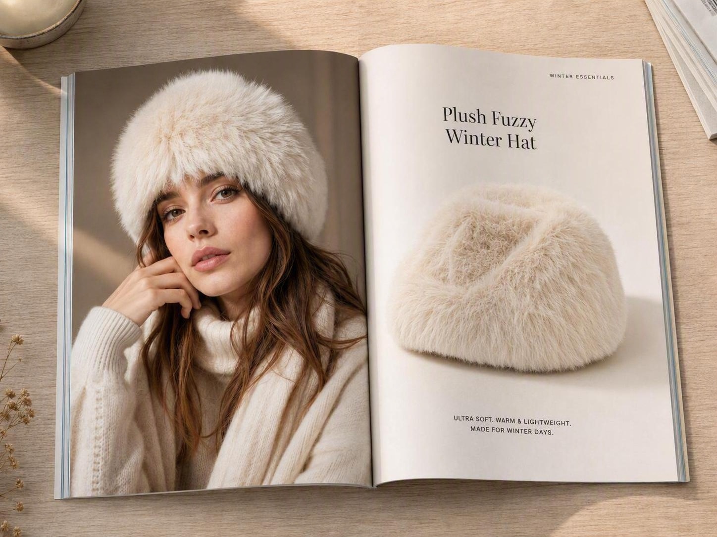 Revista de moda abierta que muestra a una modelo usando un gorro de peluche color marfil junto a la imagen real del producto.