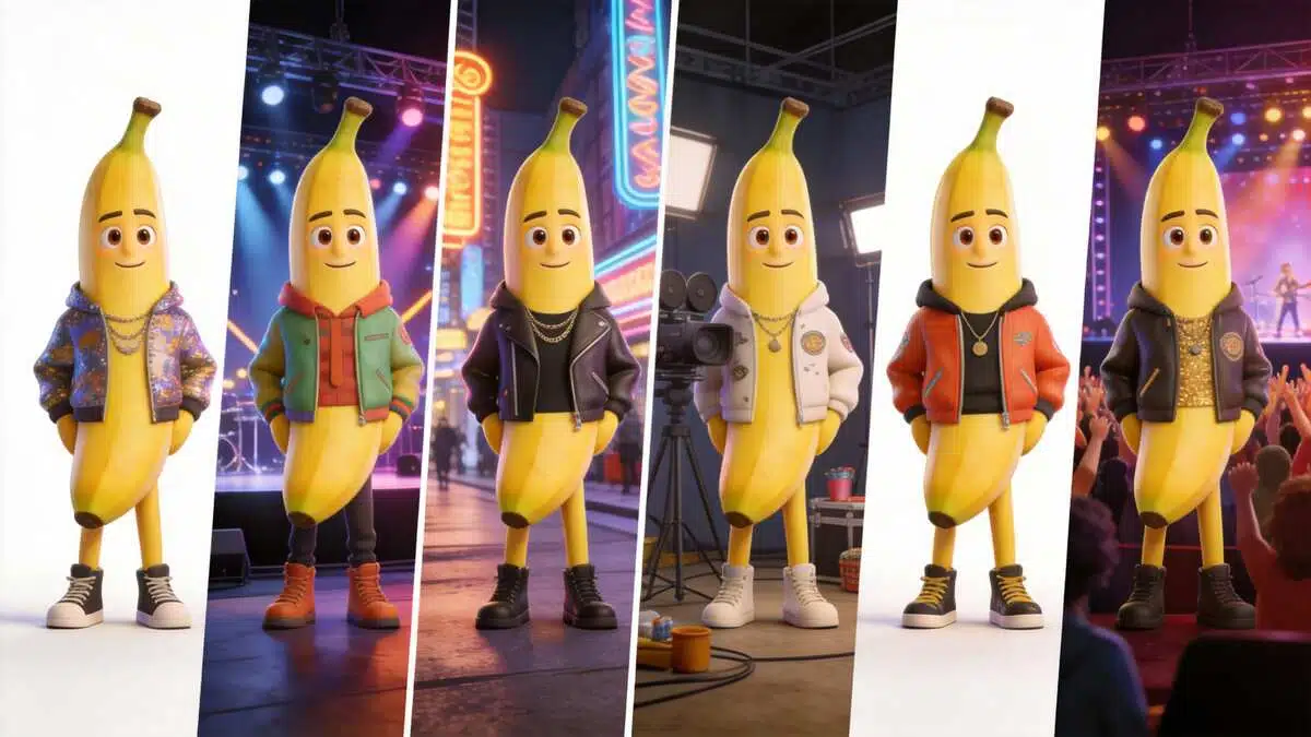 Multiple banana characters in different music video scenes with consistent identity and styling, symbolizing character consistency in AI visuals