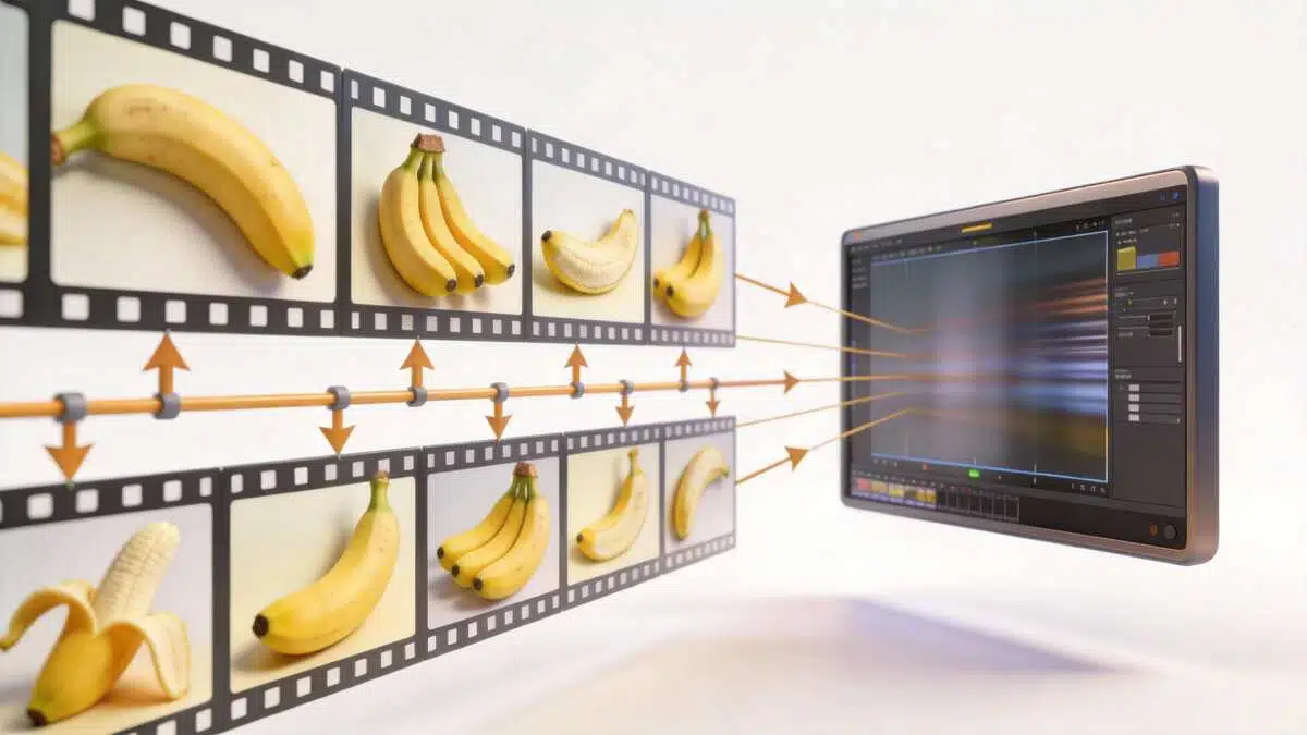 Banana frames arranged on a timeline being processed into a video preview, symbolizing input frames for AI video models.