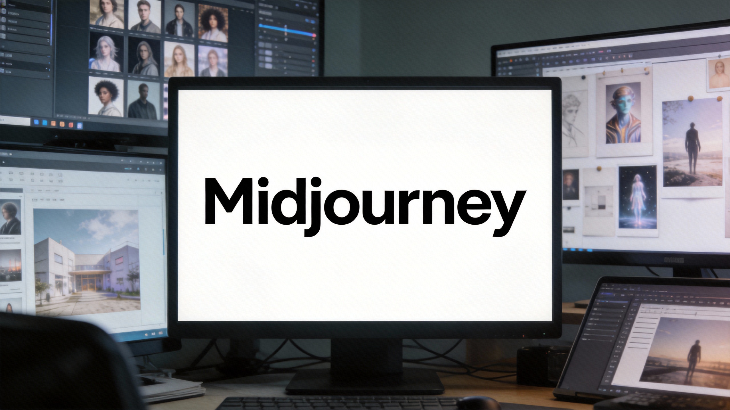 The image showing the word “Midjourney” in bold modern typography inside a creative studio environment with cinematic lighting and visual design elements.