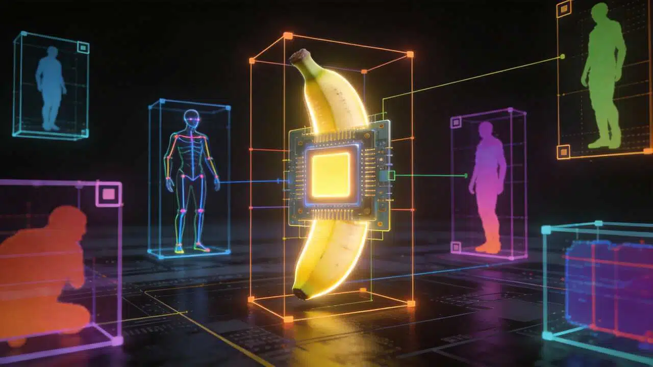 Banana-shaped core with bounding boxes and semantic overlays representing Gemini-powered semantic image understanding for music visuals.