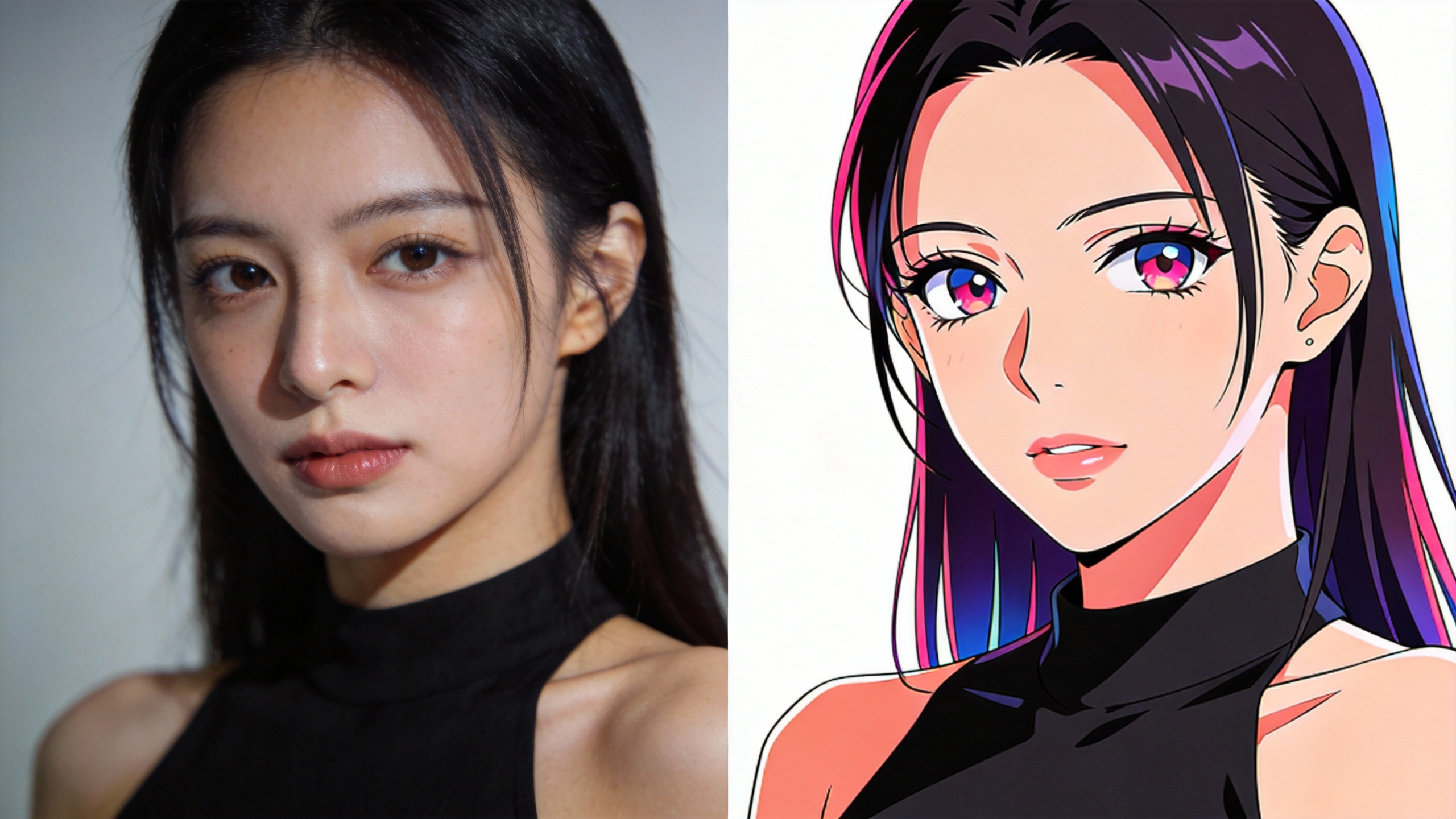 Split image comparing realistic and anime styles of the same character to show style diversity and visual consistency.