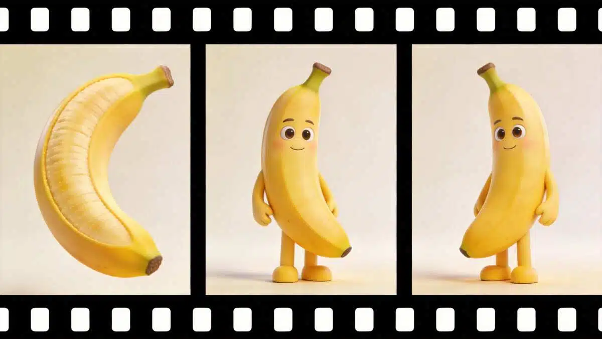 Banana character shown across cinematic storyboard frames representing different camera shot types for music video planning.