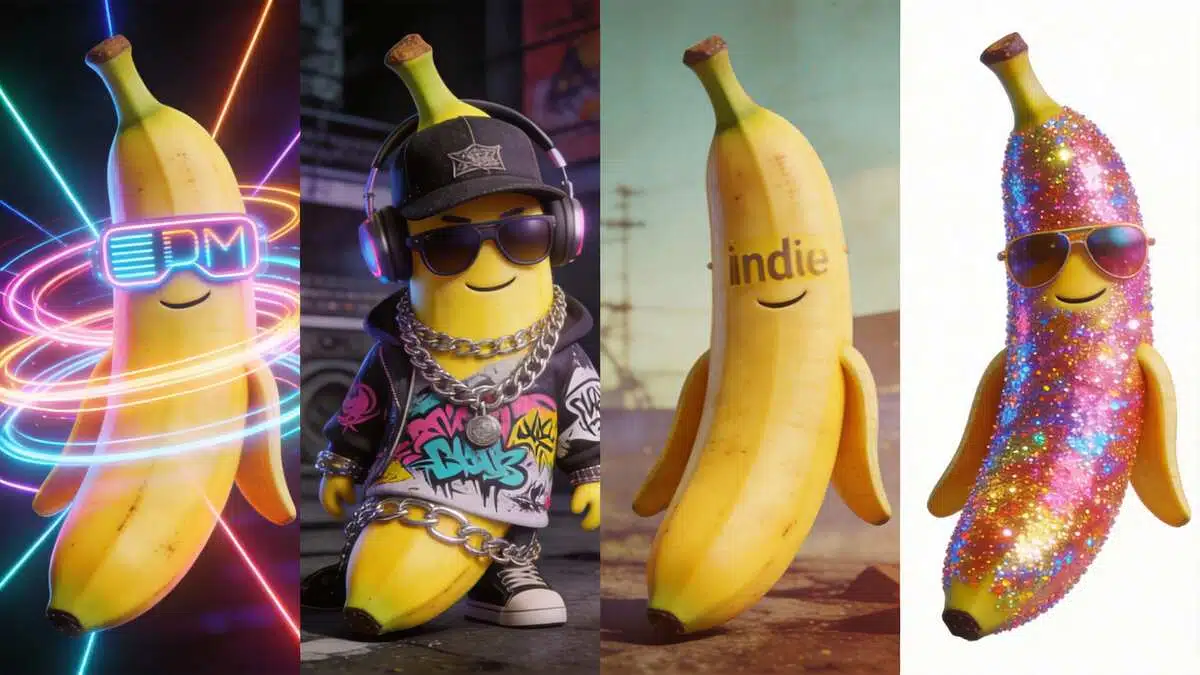 Banana characters styled to represent EDM, hip-hop, indie, and hyperpop music aesthetics, symbolizing genre-based visual generation.