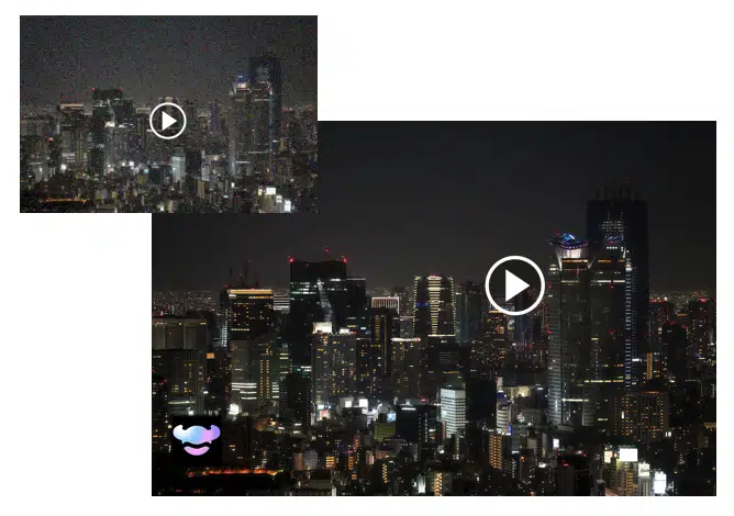 Clean, high-clarity night city skyline after RoboNeo AI video denoising, with reduced noise and improved detail.