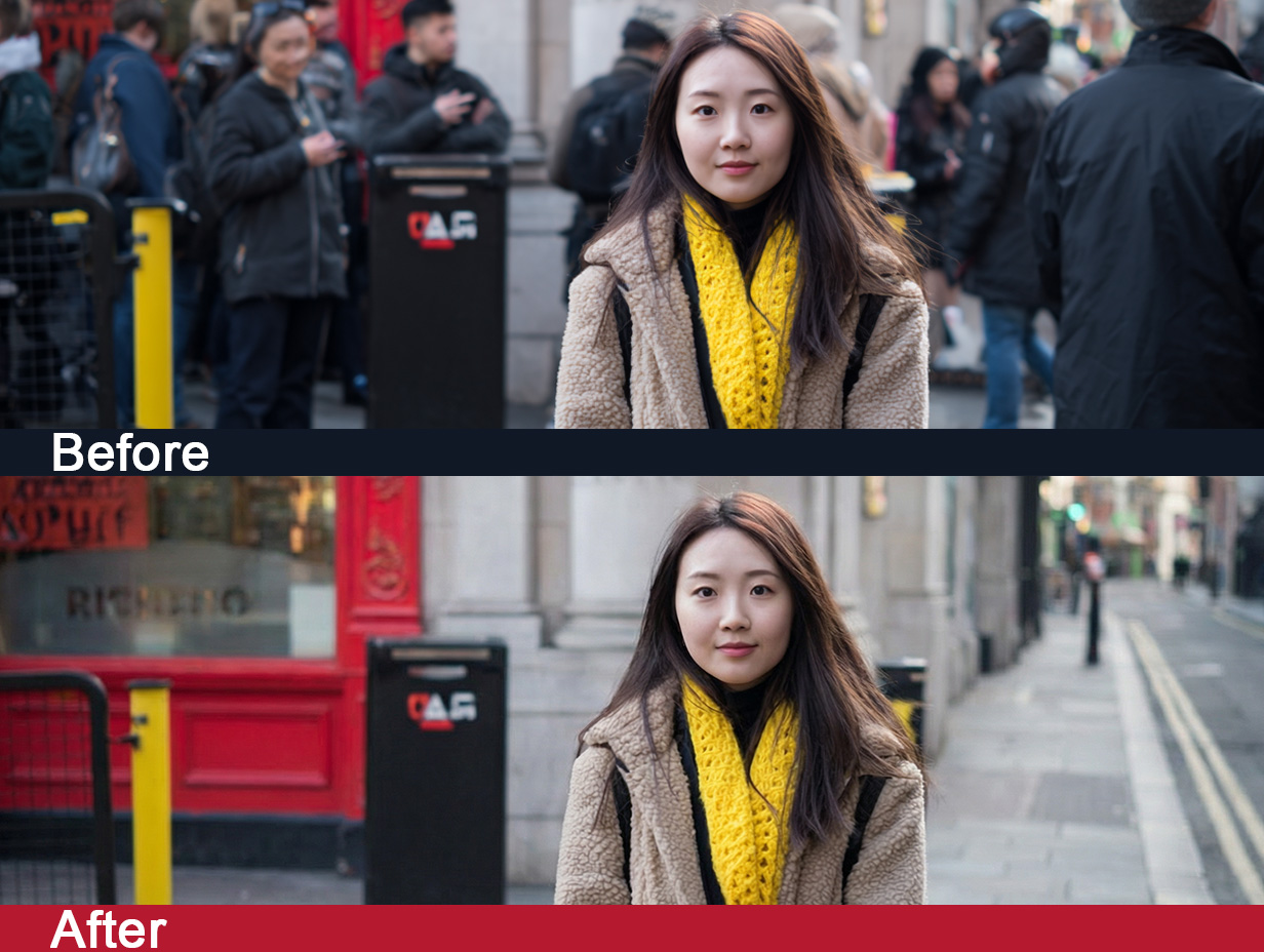 efore and after comparison image showing a woman standing on a city street, with a crowded background in the “Before” image and a clean, unobstructed street background in the “After” image.