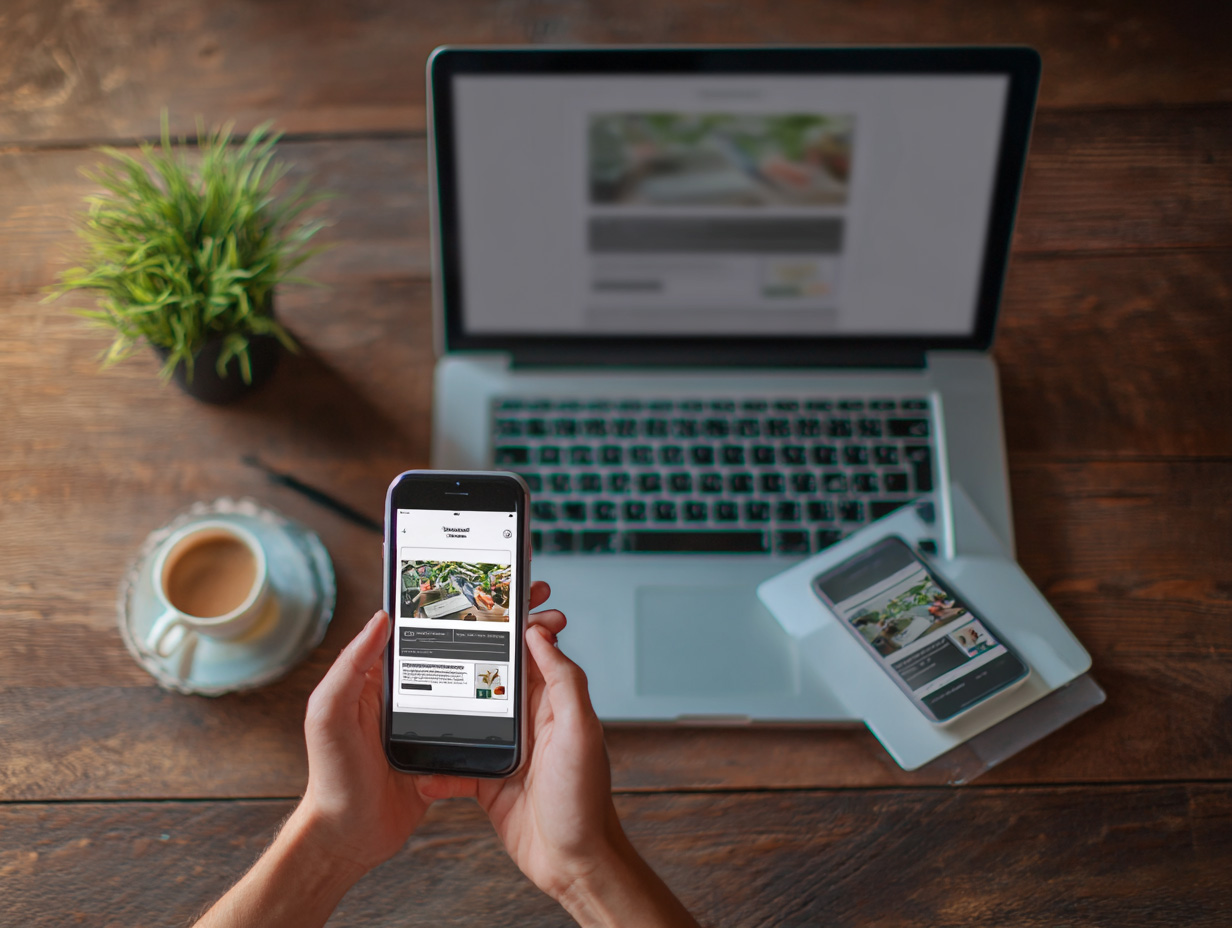 Person using a smartphone to view a responsive website while working at a desk with a laptop, coffee cup, and plant, illustrating modern web design and multi device user experience.
