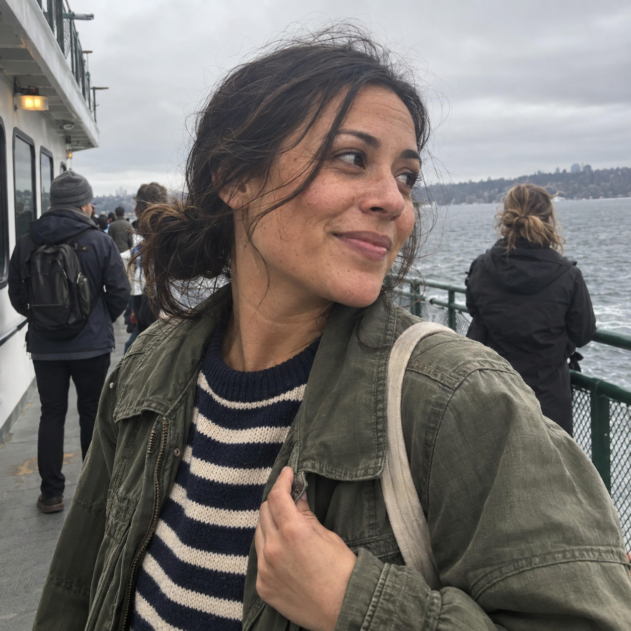 Maya R. riding a commuter ferry