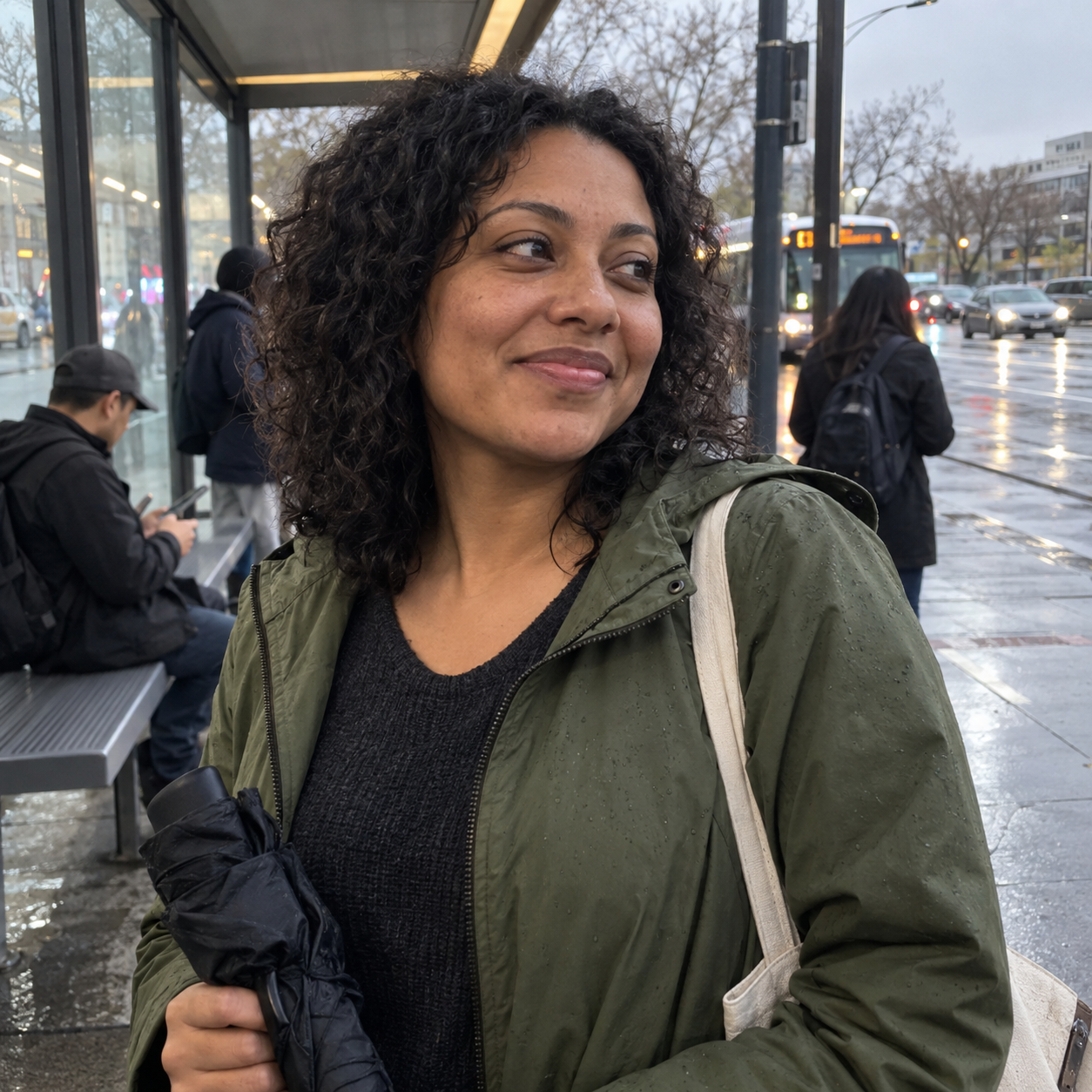 Gozeeda A. waiting at a rainy bus stop